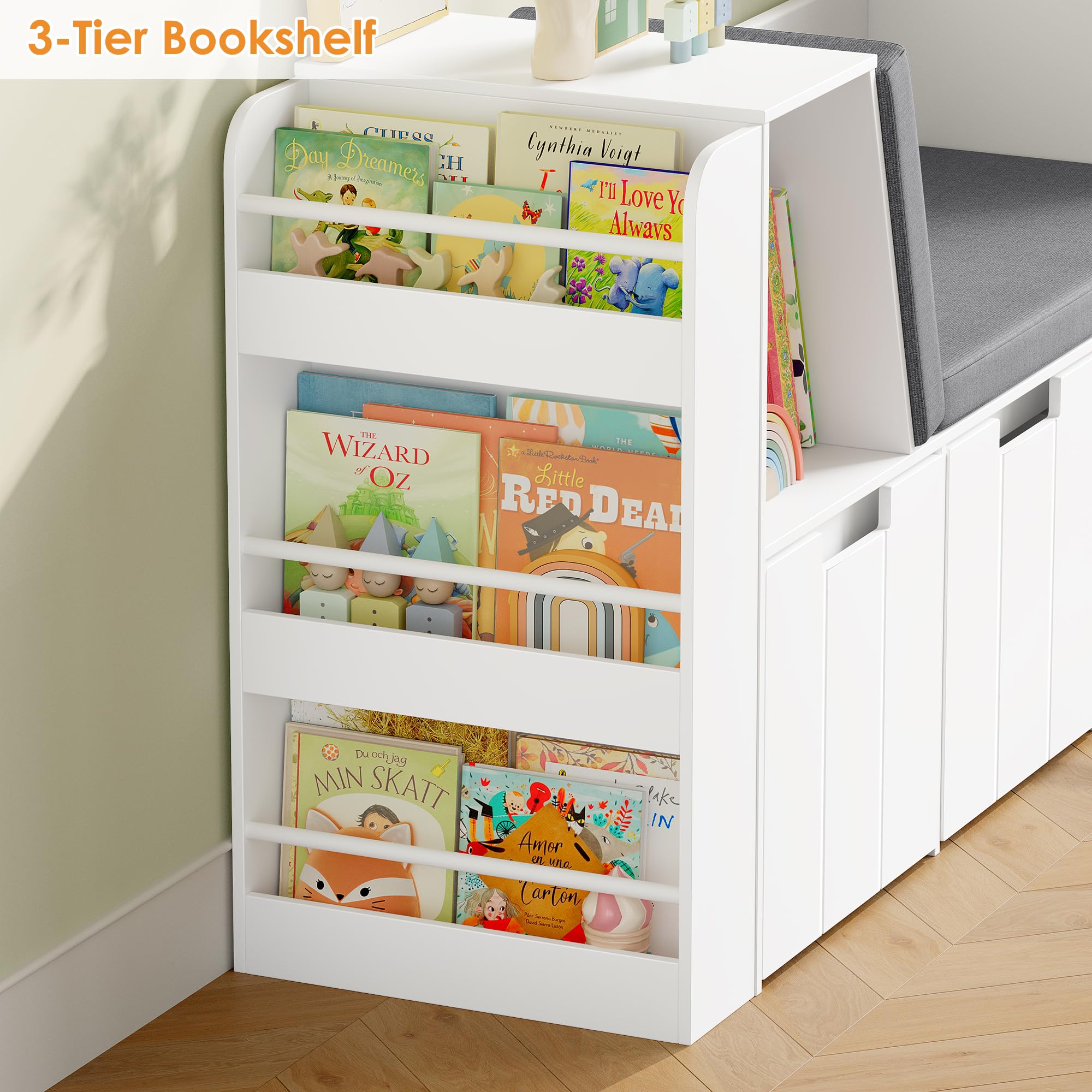HOCSOK Kinderregal, 156 cm Bücherregal Kinder mit Sitzbank, Spielzeugregal Kinderzimmer Aufbewahrung mit Boxen auf Rollen, Kinderzimmer Regal Weiß, 80×38×156 cm