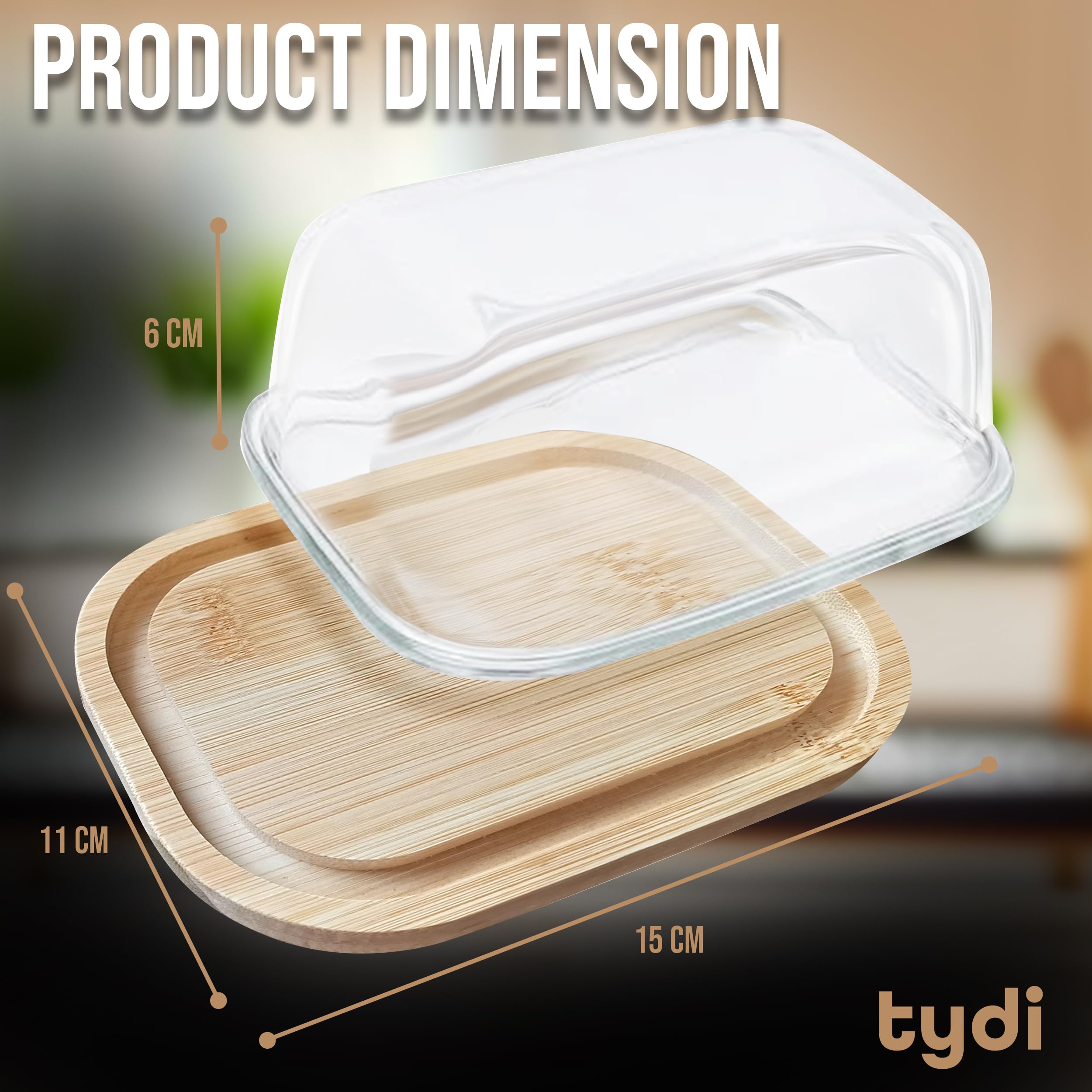 Tydi Glass Butter Dish with Lid & Bamboo Base, 10.5 x110x7cm (200g up to 250g Capacity) Butter Tray for Fresh Storage - Image 3