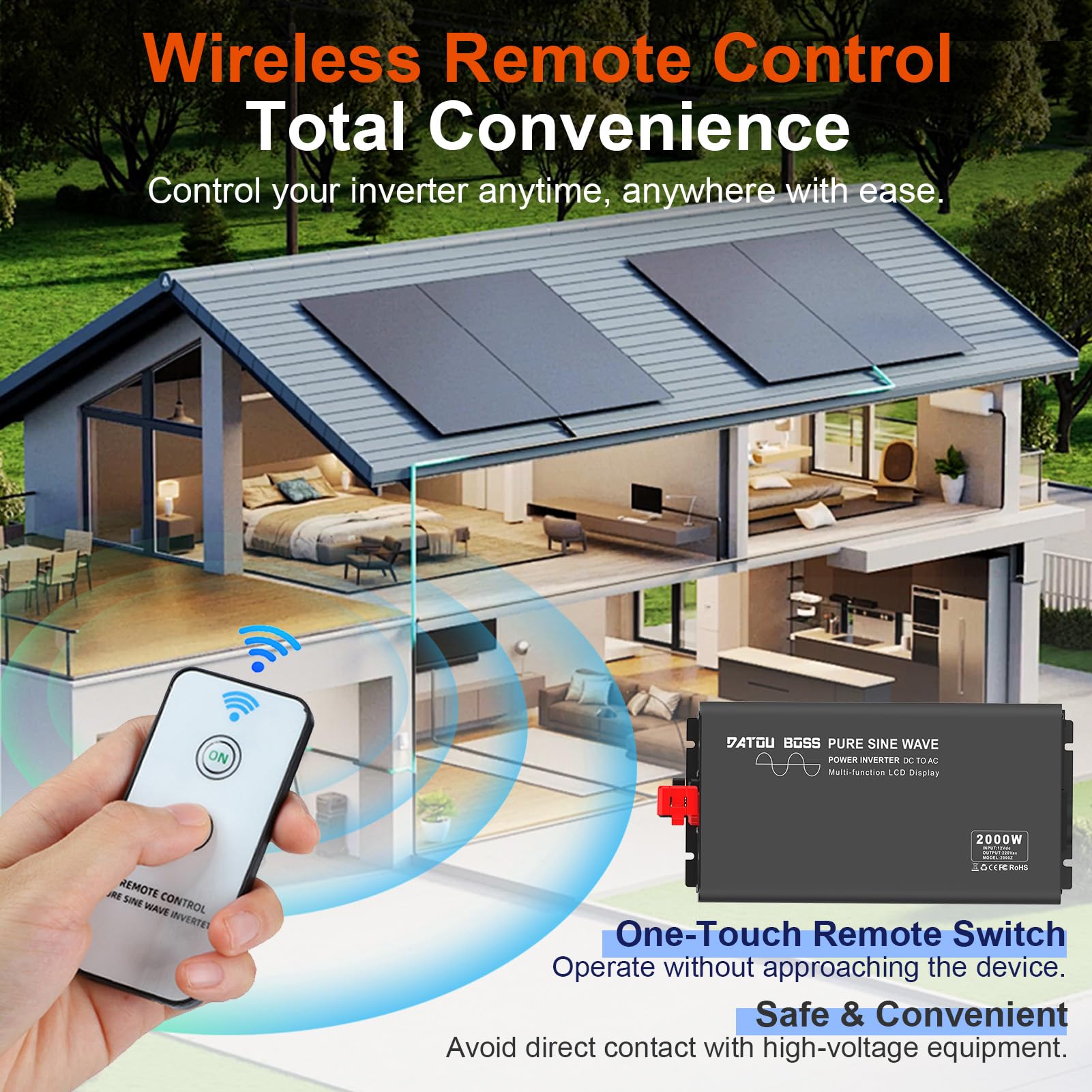 DATOUBOSS 2000W/4000W Inversor 12V 220V Onda Pura, inversor 12v a 220v Convertidor Onda con Control Remoto Inalámbrico, 1 AC Tomas，Pantalla Digital, Adecuado para Coches, Caravanas, Barcos y Acampada