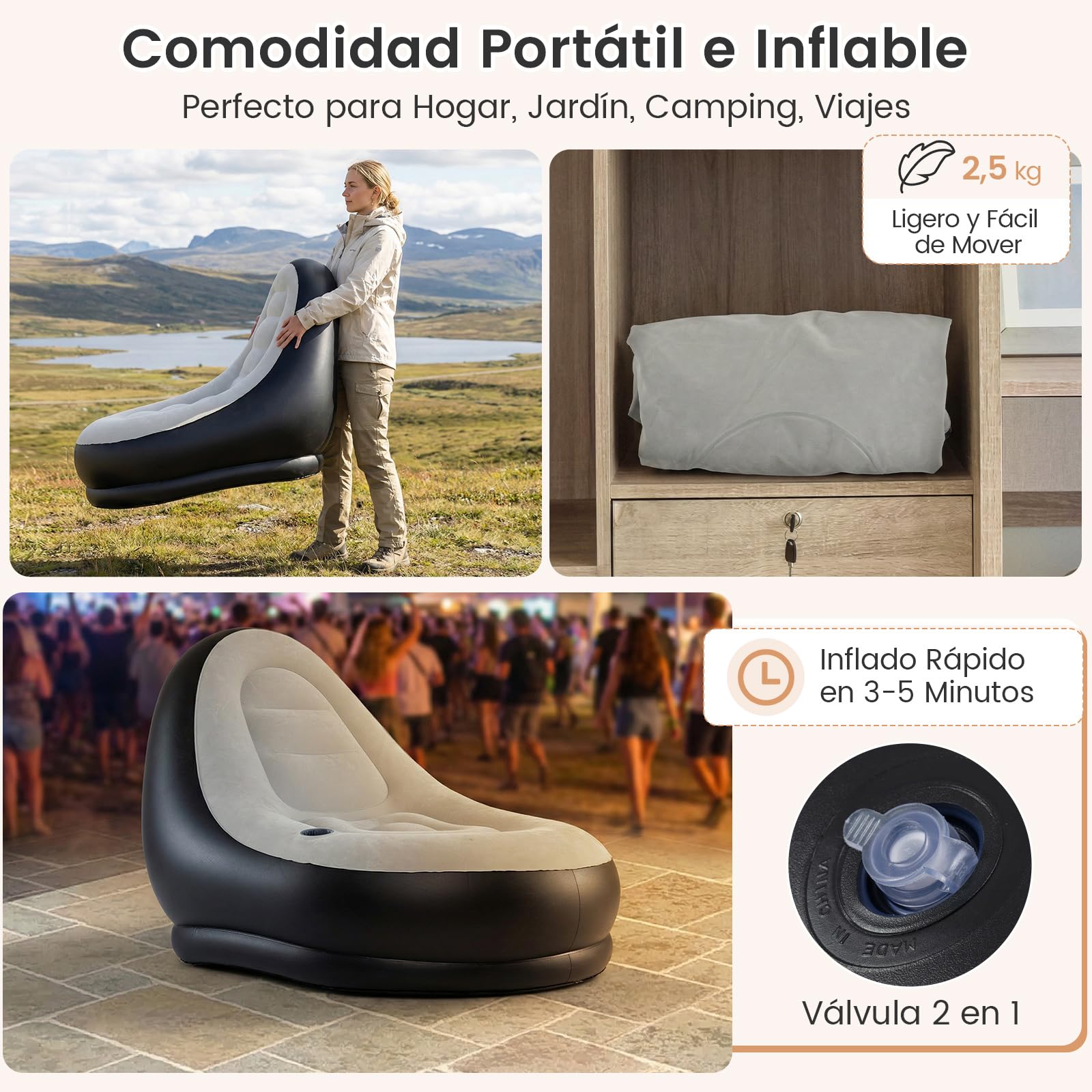 COSTWAY Sofá Hinchable con Otomana, Sofá Portátil para Adultos con Superficie Flocada, Portavasos Integrado, Silla Individual Hinchable para Exterior, Interior, Camping, Viajes, Sin Bomba