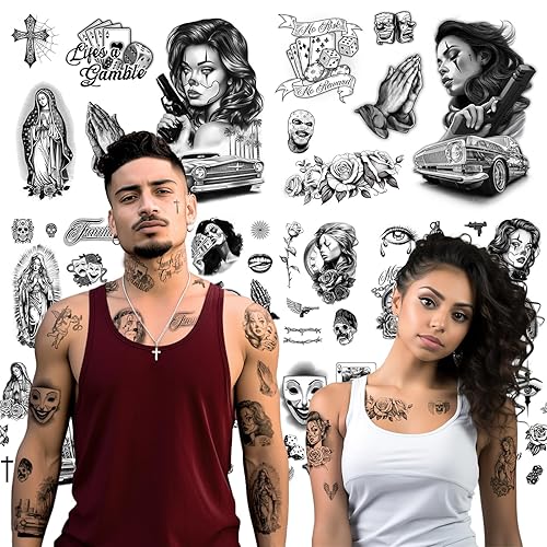 Los Vatos Paquete Chicano – 8 hojas Cholo y Chola Tatuajes Temporales – Payasa, Lowrider, Virgen María, Oración, Cruz, Chicana, Gángster, Tatuaje