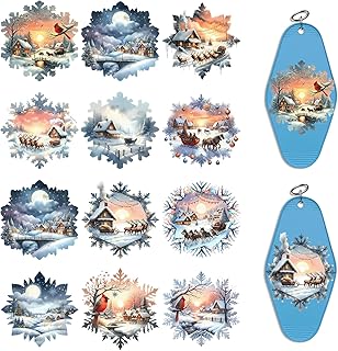 Christmas UV DTF Stickers - 24 Sheets Winter Scenes Cold Transfer Stickers for Motel Keychains, DIY Uvdtf Wraps for Hotel Keychain Blank, Waterproof Rub on Transfers for Crafts