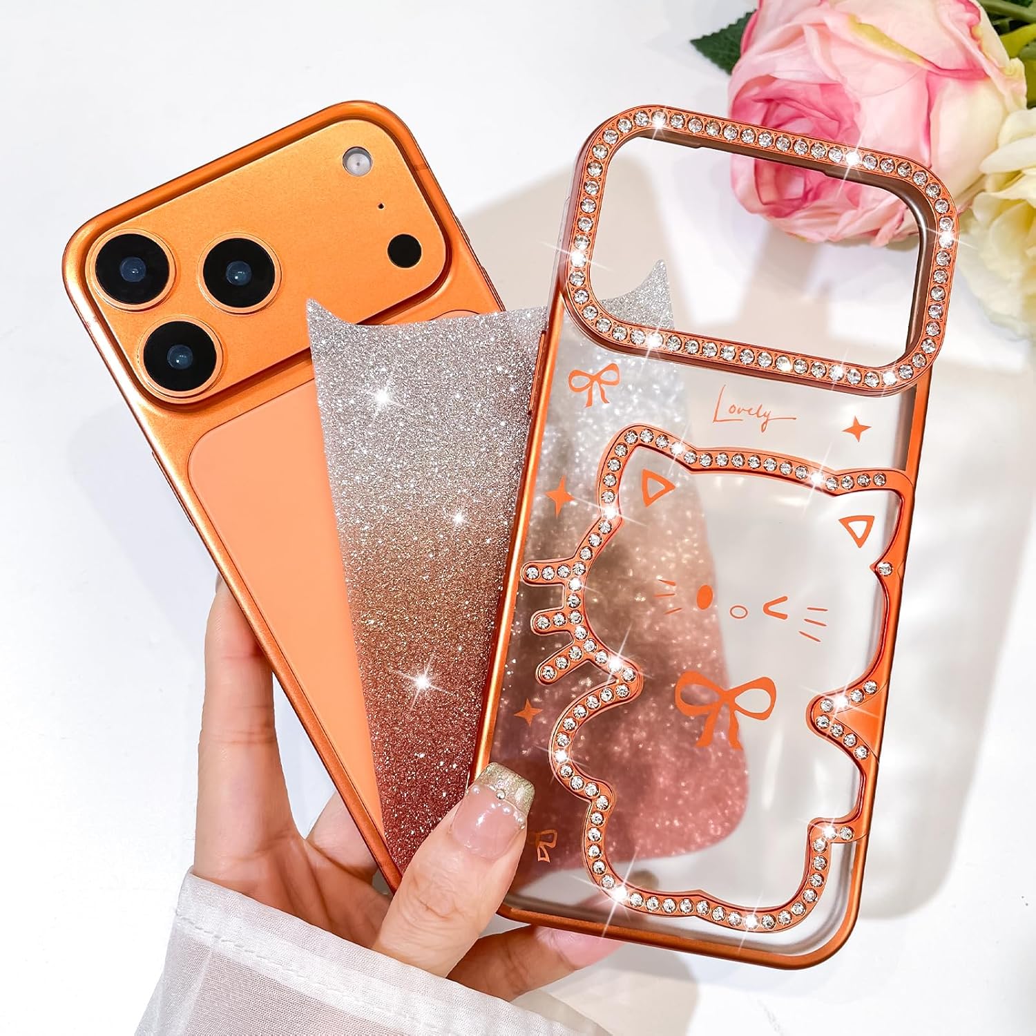 Bonoma Glitter Case for iPhone 17 Pro Max, Cute 3D Cat Pattern Plating Bling Case,Camera Protection Sparkly Slim Soft Back Cover for Women Girls,Orange