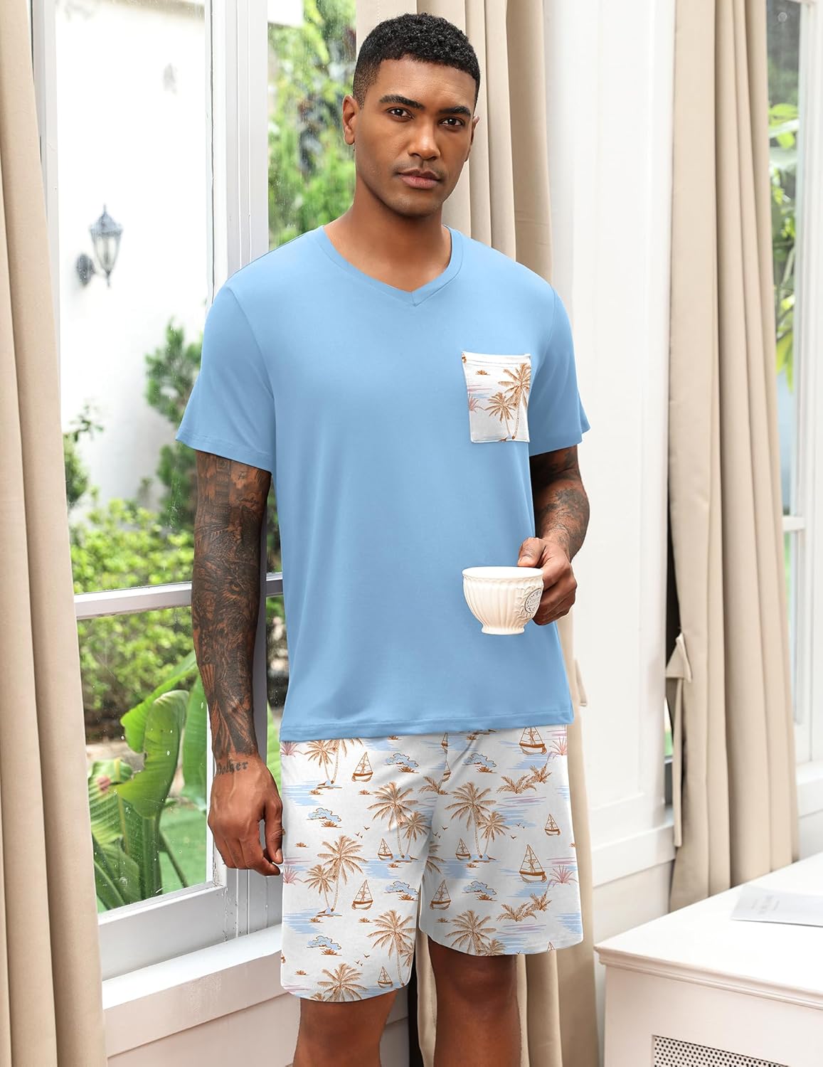 Ekouaer Mens Pajamas Set Soft Lounge Set V Neck Sleep Nightwear Short Sleeve Pjs with Pocket S-XXL - Image 5