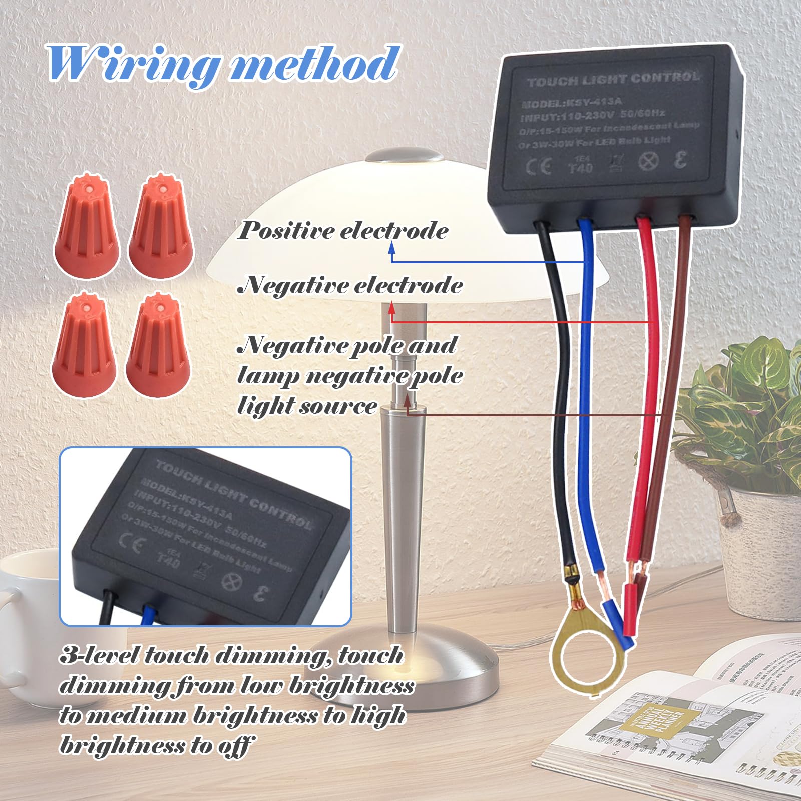 Juego de 2 interruptores táctiles para lámparas de mesa, 4 vías, sensor táctil, regulador de intensidad, con tapas de cable, para lámparas de mesa, lámparas de pie, lámparas de pared y