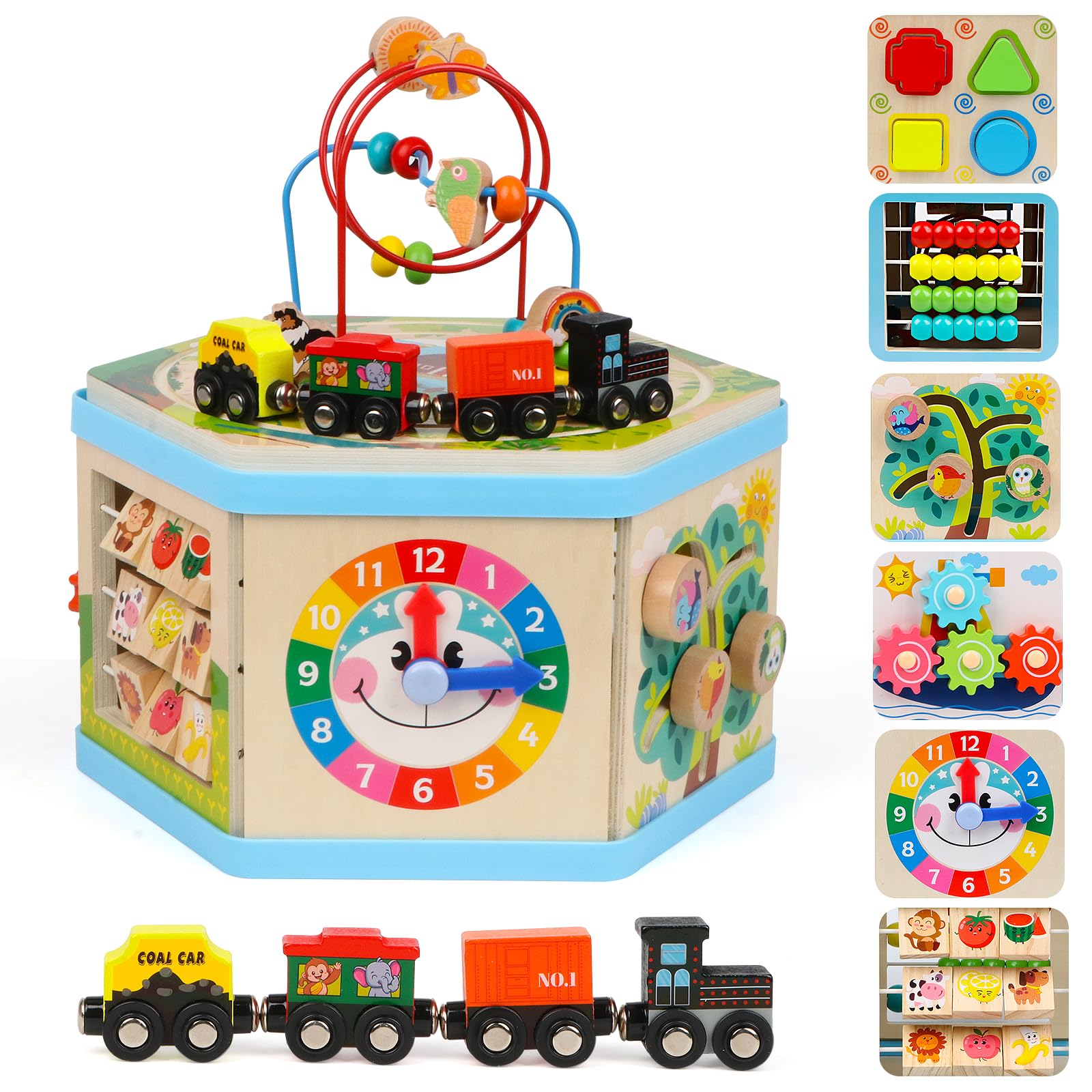 KABENFIS Wooden Activity Cube Toys with Train Tracks Educational Learning Toys