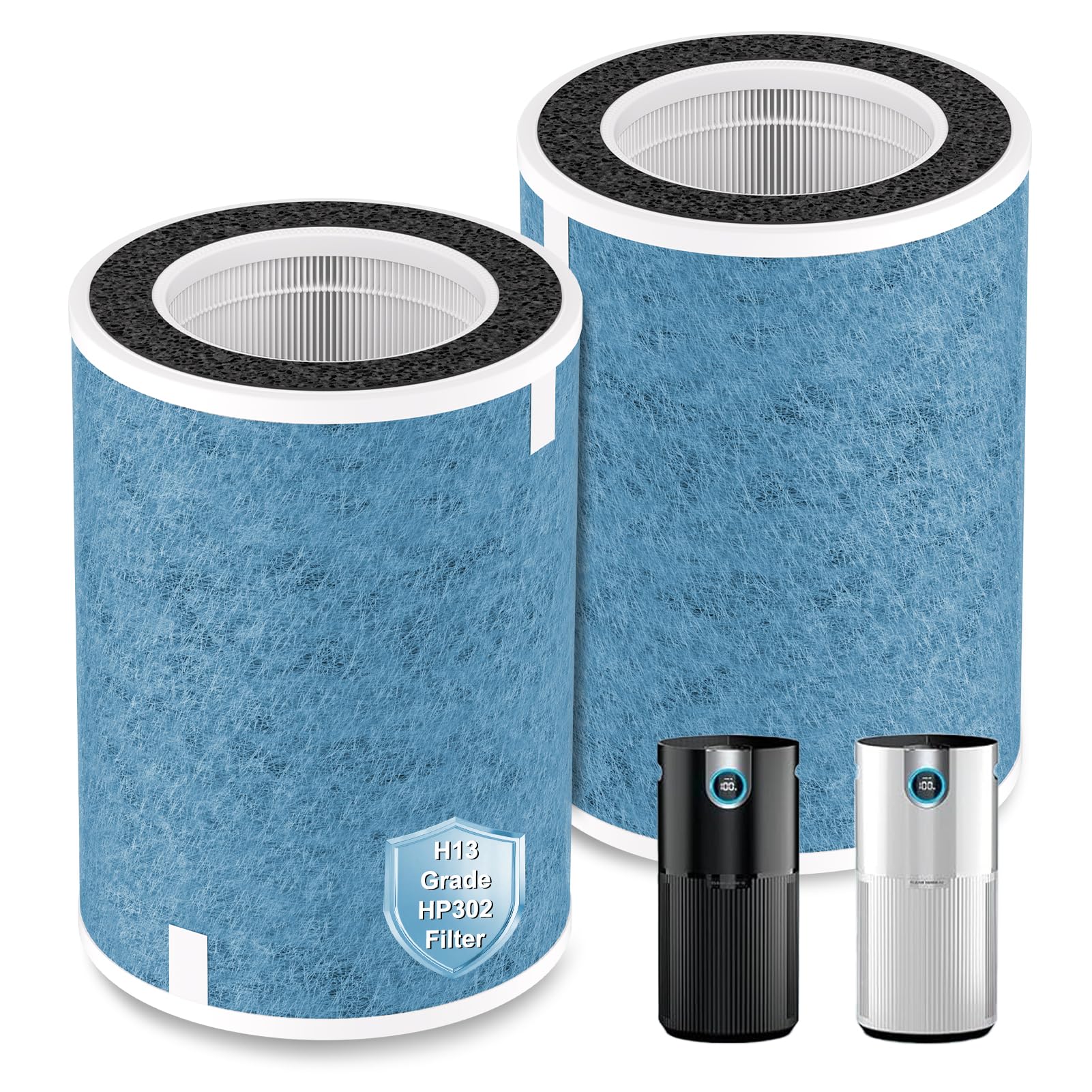 HP302 Replacement Filter Compatible with Shark HP302 HP301 HP305 NeverChange Air Pur-ifier MAX, HP201 HP202 HP232 HC501 HC502 Series, 3-in-1 H13 Grade True HEPA Filter & Active Carbon Filter, 2 Pack