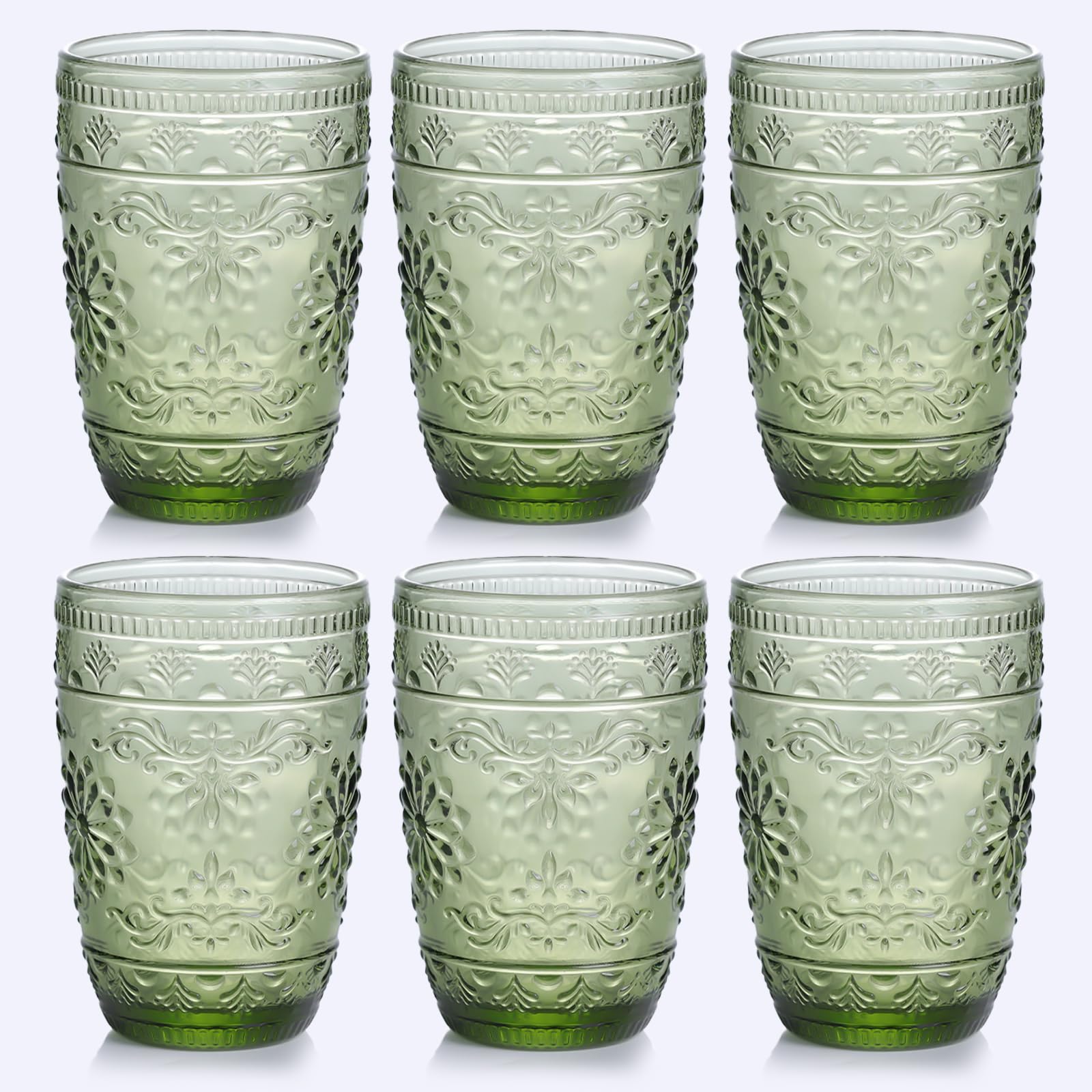 6Pcs 14OZ Drinking Glasses Green Drinking Glasses Colored Glassware Drinking Highball Beverage Glasses Cup Vintage Glassware Set for