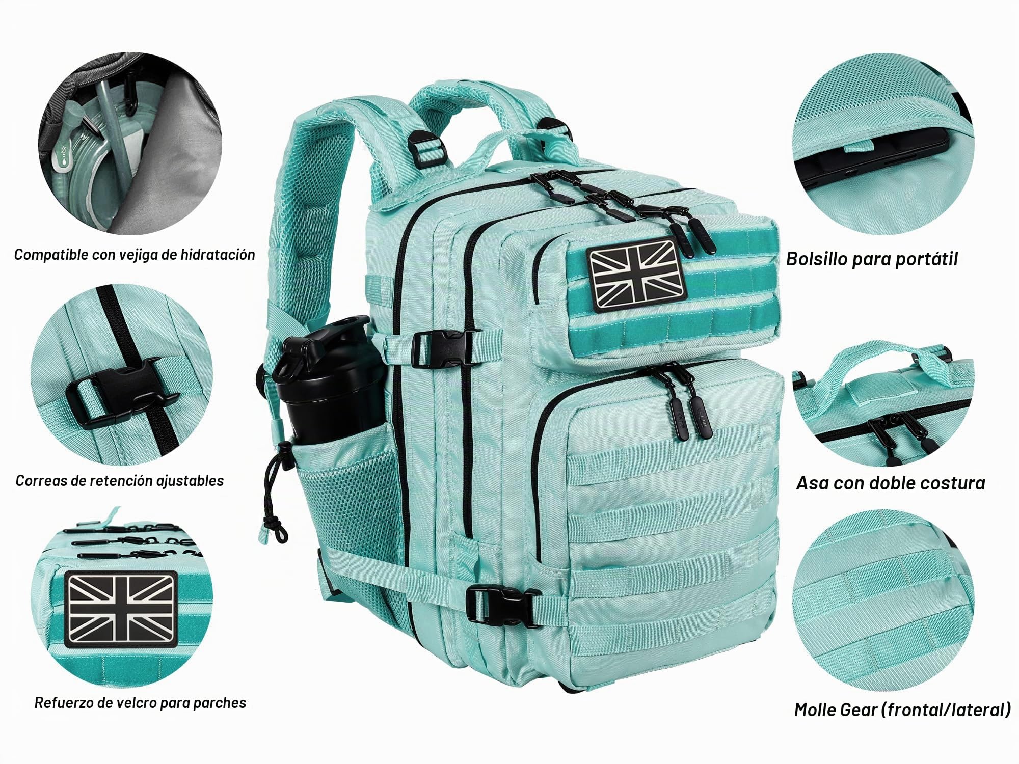 LHI Mochila táctica militar para hombres y mujeres, 25 L/35 L, mochila pequeña con soporte para botellas, M