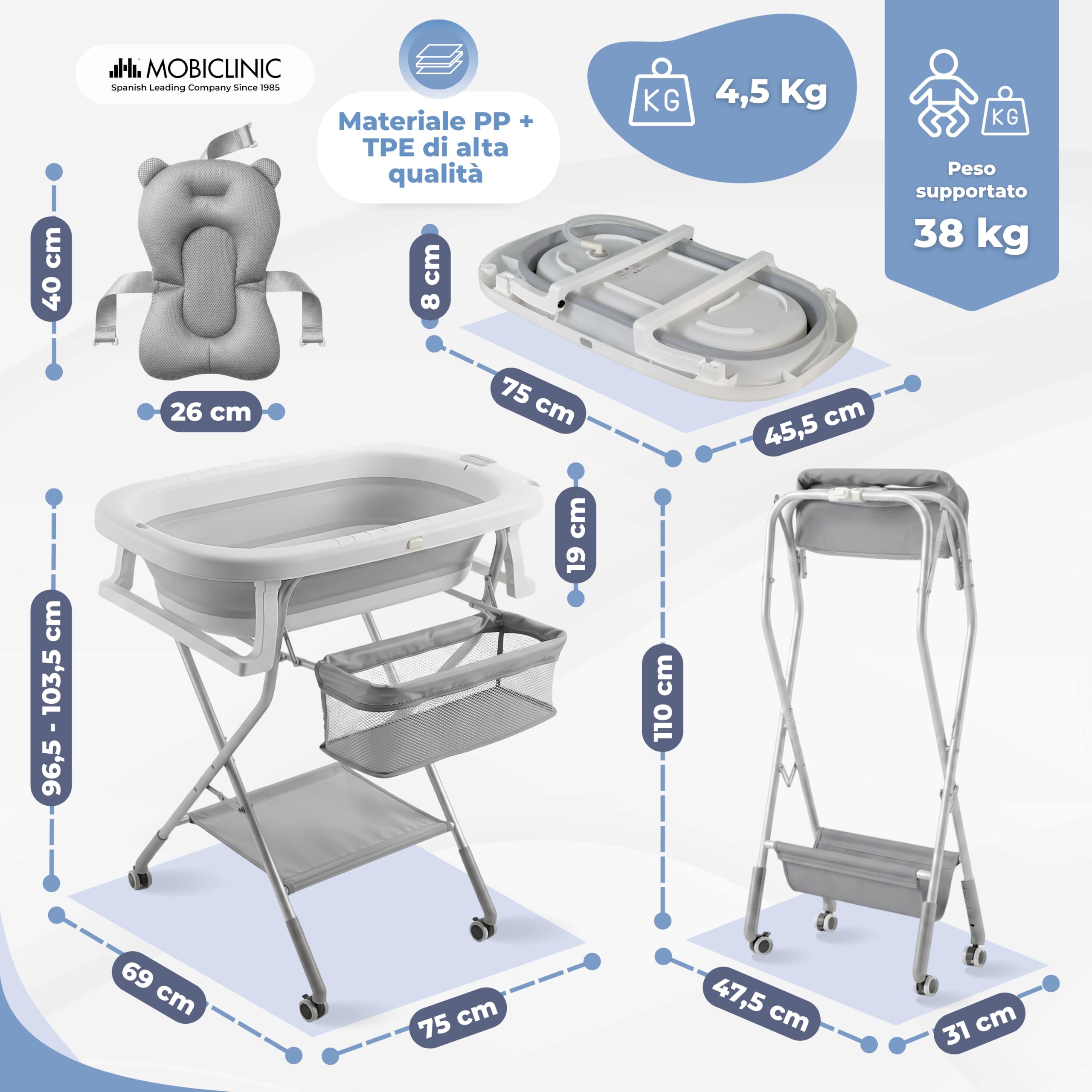 Mobiclinic®, Vaschetta Bagnetto Neonato, con Gambe e Supporto, Altezza Regolabile, Ruote a 360° con Freno, Cuscino Ergonomico, Tubo di Scarico, Cestino e Vassoio, Compatta, Bubba Max