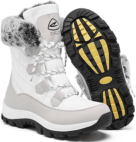 EARLDE Womens Snow Boot With Waterproof Lace Up Mid-Calf Outdoor Winter Deep Tread Rubber Sole