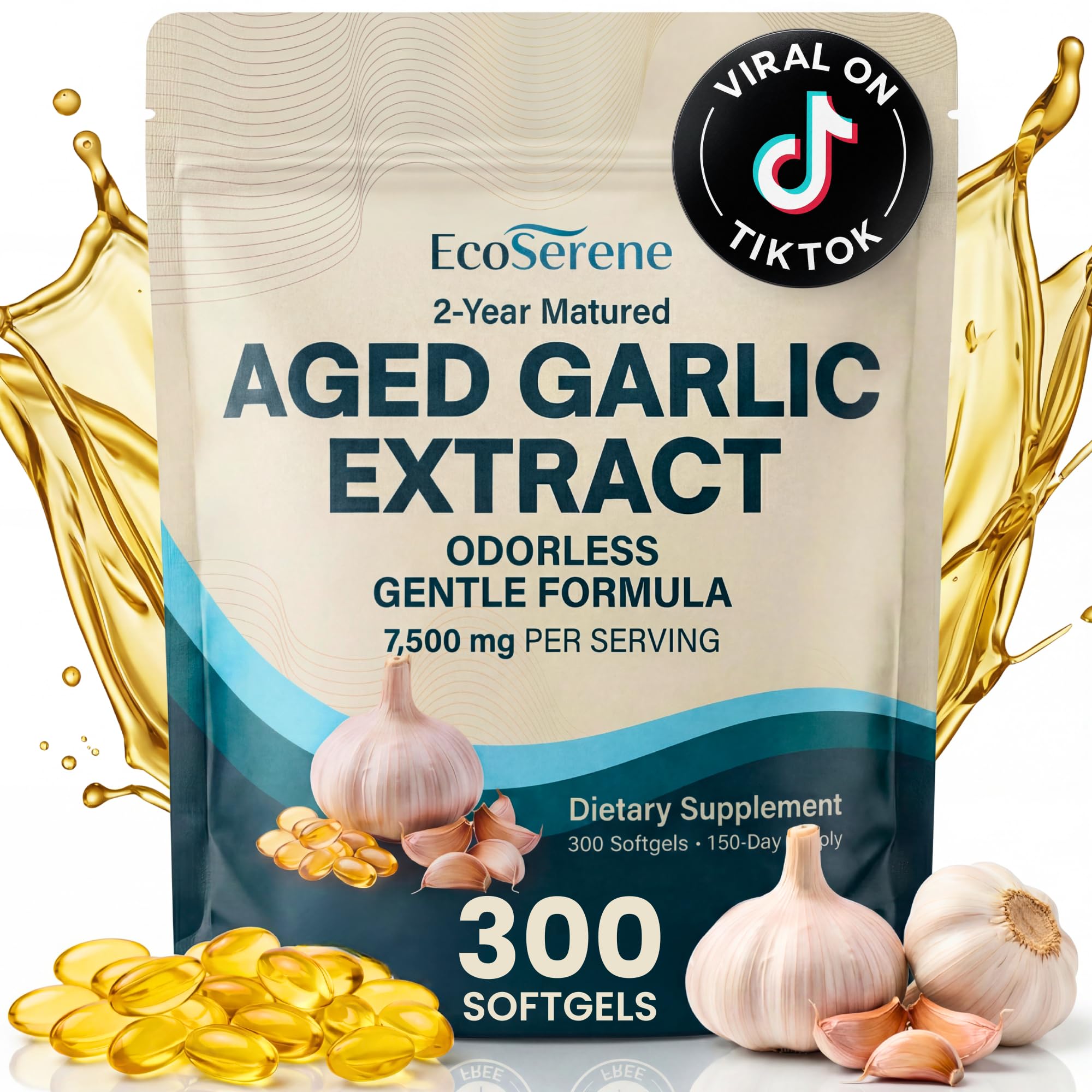 ECOSERENE Aged Garlic Extract 7500mg – 2 Years Matured Odorless Garlic Supplements – 300 Softgels, 150-Day Supply – Supports Immune Health & Heart Function - Aged Garlic Supplements for Men & Women