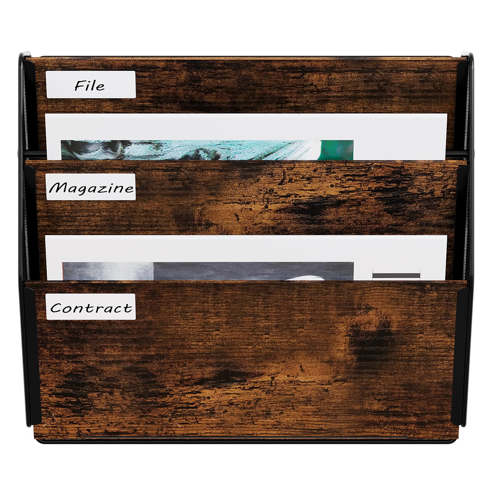EasyPAG 3 Compartiments Assembler Métal Bois Porte Revue Mural Porte Document Suspendu A4 Organisateur de Bureau à Suspendre Banette de Rangement Range Papier Corbeille a Courrier Murale
