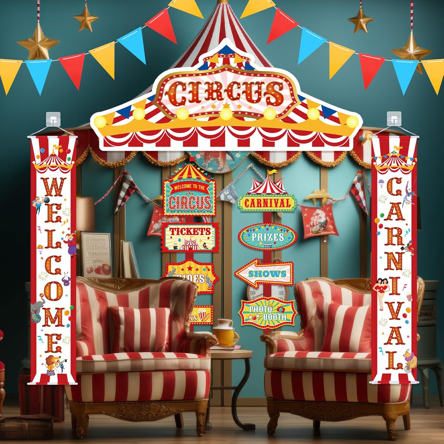 ShinyRelief 15 Pcs Circus Decorations Carnival Striped Awning Porch Banner Carnival Theme Directional Signs Welcome to the Circus for Birthday Party Supplies