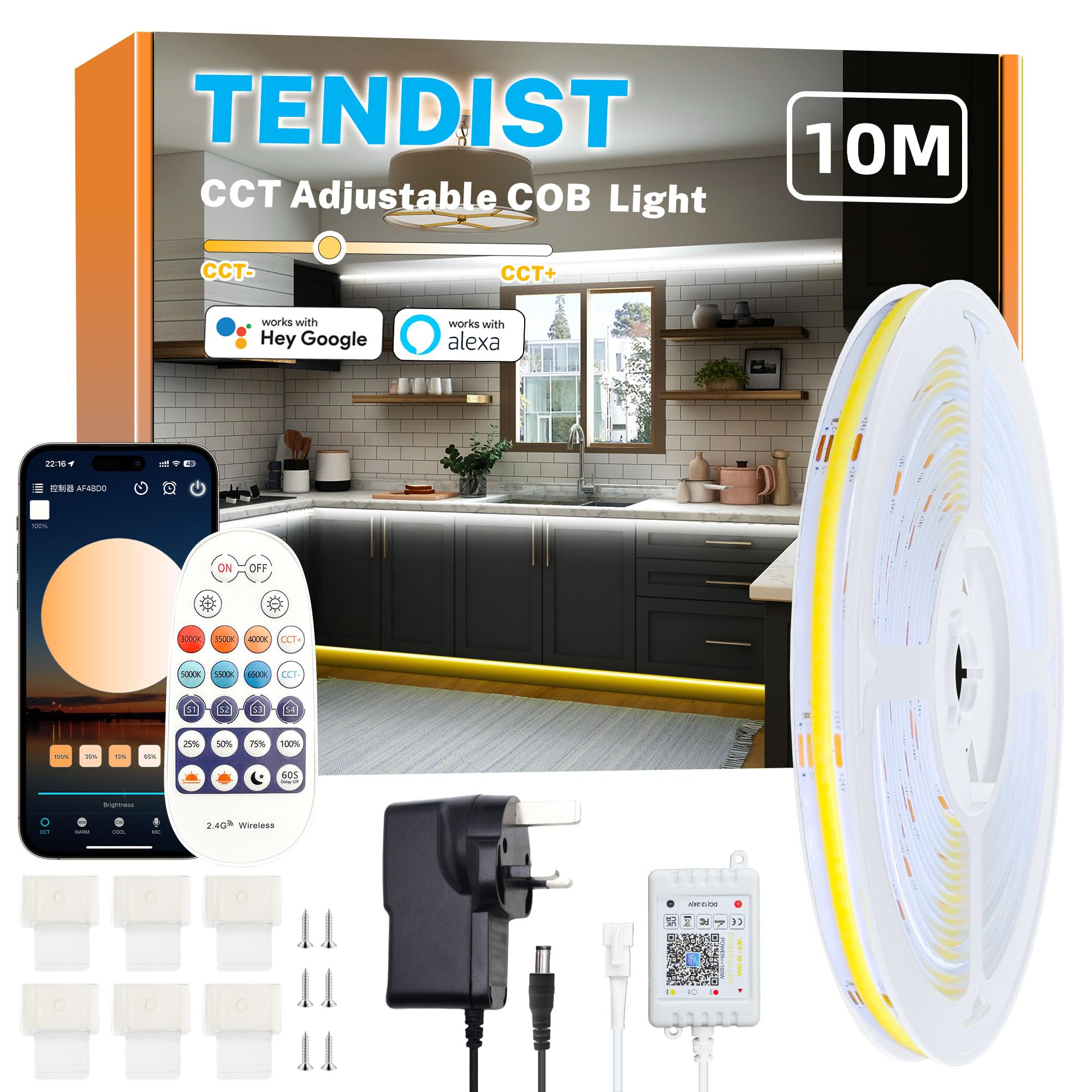 White COB LED Strip Light WiFi Alexa Compatible, 3000k to 6500k Warm White to Cool White Dimmable Ultra Bright COB Strip, Cabinets Lighting with Remote and App for Kitchen, Bedroom (10M)