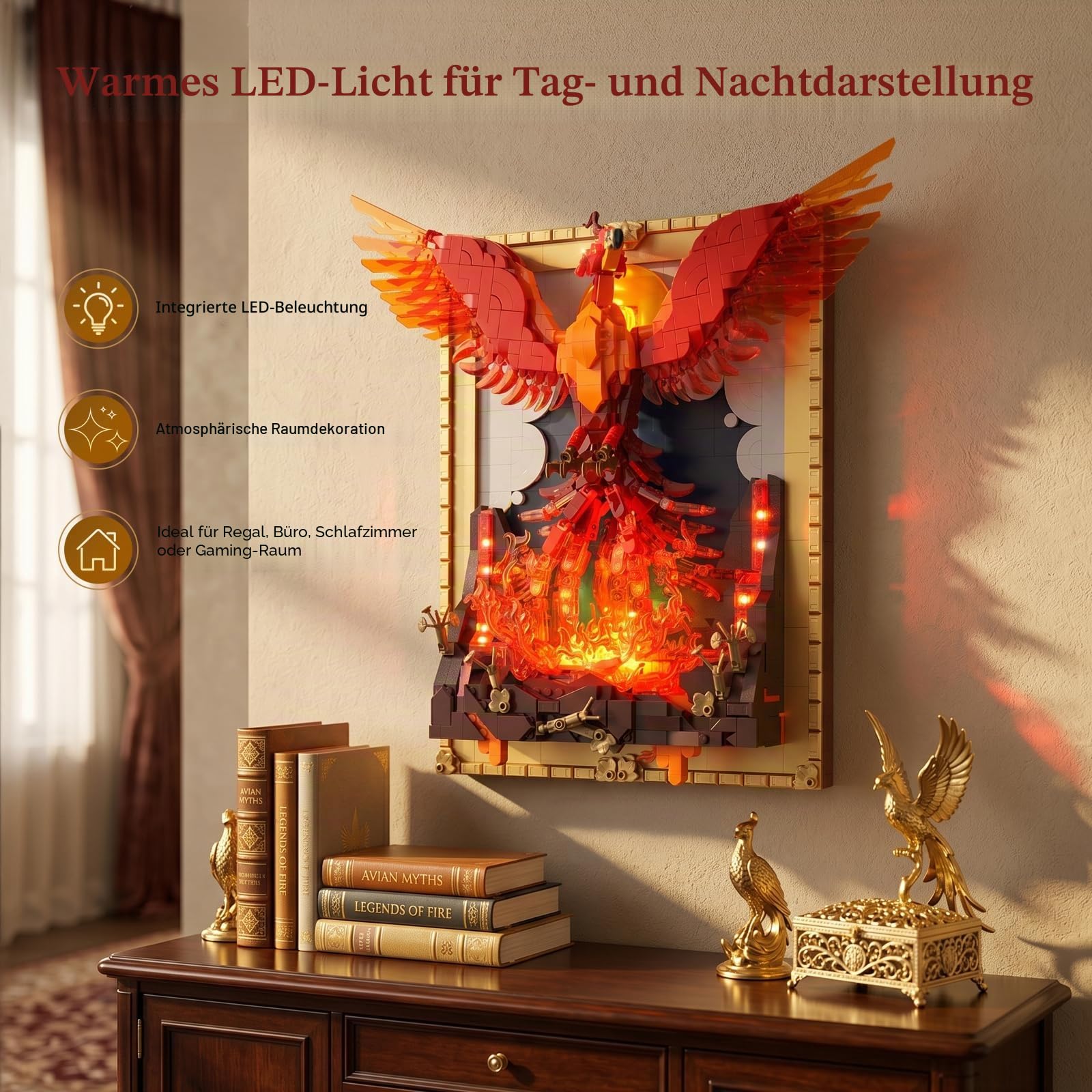 JMBricklayer Phoenix Art Klemmbausteine Erwachsene mit Licht, 3D Nirvana Wanddeko Tisch Display Modell mit Ständer, 70017 Bilderrahmen Wandkunst Zuhause Büro, Bauset Geschenk für Jugendliche 14+