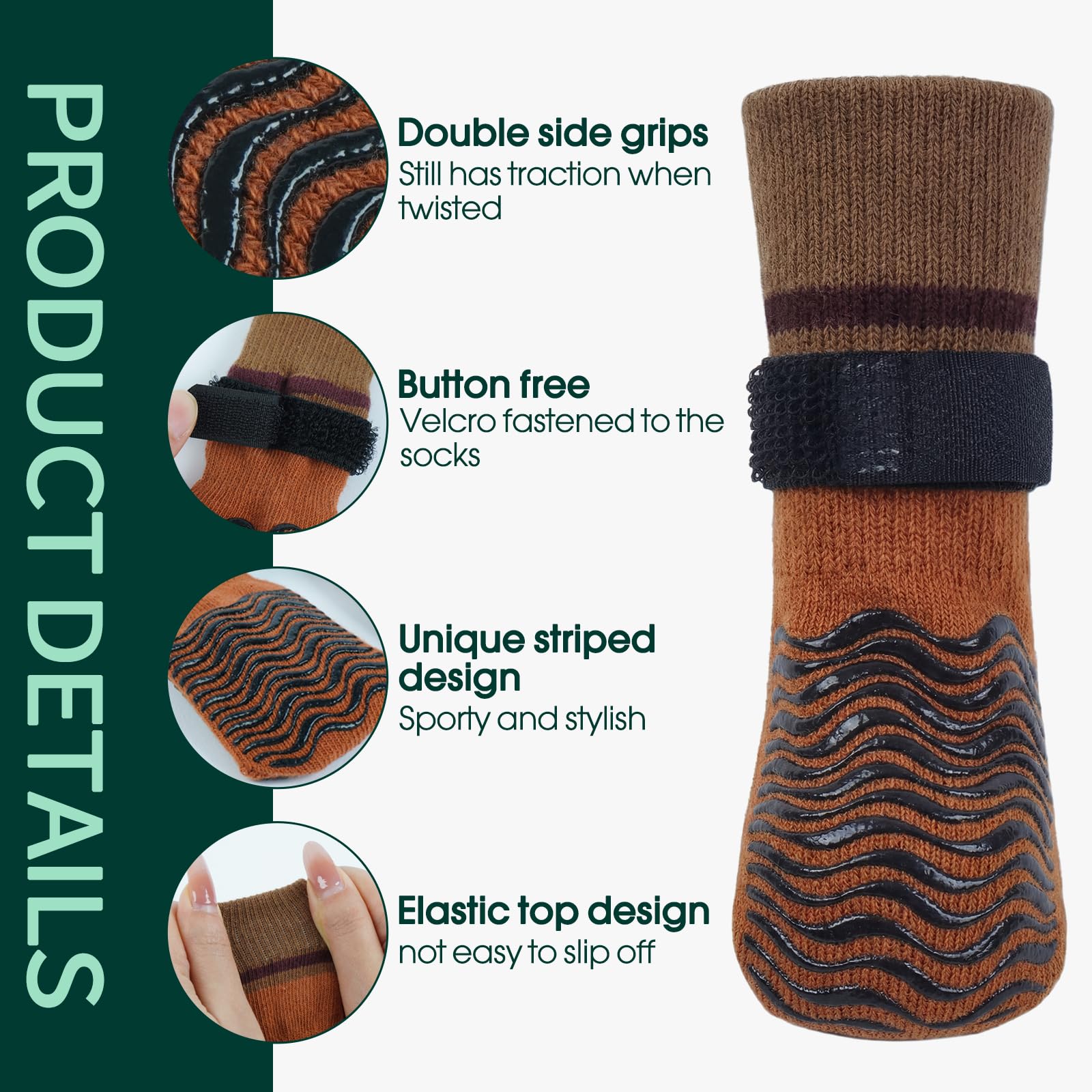 Kuoser Non Slip Dog Socks for Hardwood Floors, Anti-Slip Dog Grippy Socks to Prevent Licking Paws, Double-Sided Traction Dogs Booties Paw Protectors for Small Medium Large Senior Dogs, 4 Pack-Brown S — view 2