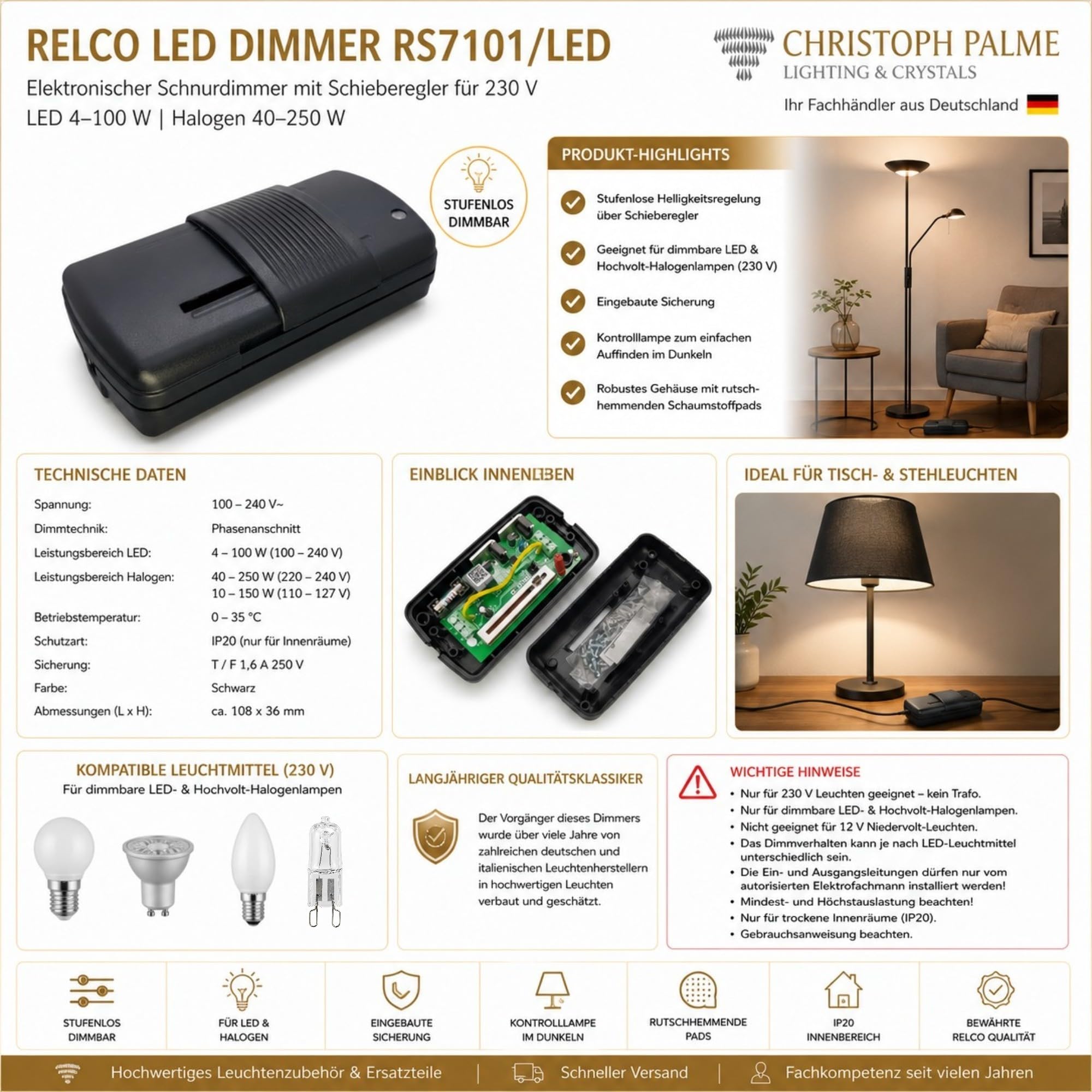 Elektronischer LED Schnurdimmer 4–100 W / 40–250 W Schwarz – RELCO RS7101 Universaldimmer mit Schieberegler und Aderendhülsen