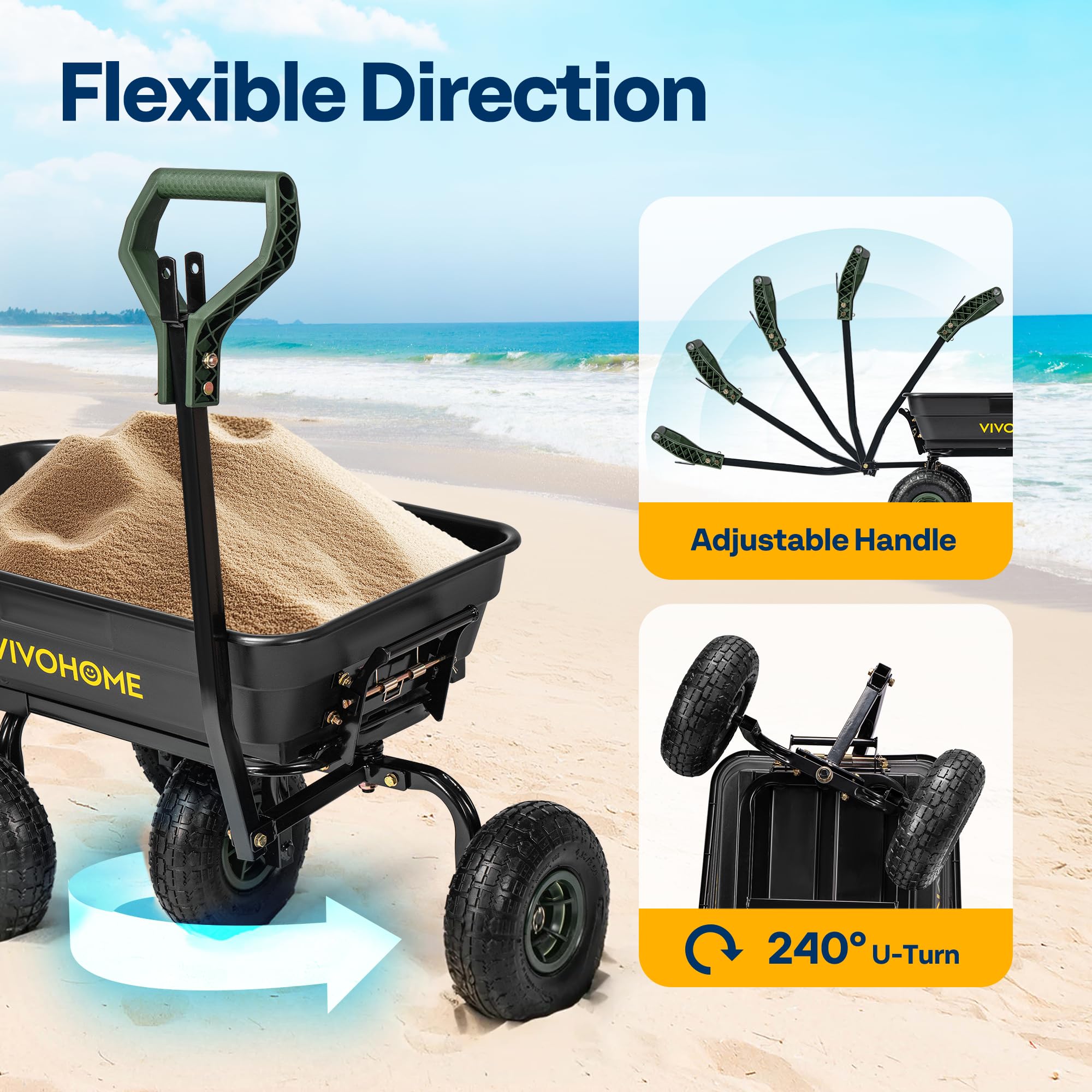 Carretilla de jardín de 4 pies cúbicos y 660 libras con mango convertible 2 en 1 que se fija a ATV o tractor, ruedas todo terreno de 10 pulgadas, sistema de liberación rápida, remolque 8