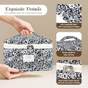 Givurao Large Travel Quilted Makeup Bag for Women, Floral Cotton Cosmetic Bag Cute Coquette Aesthetic Floral Toiletry Organizer Bag for Girls Little Black Rose Cosmetic Zipper Storage Bag