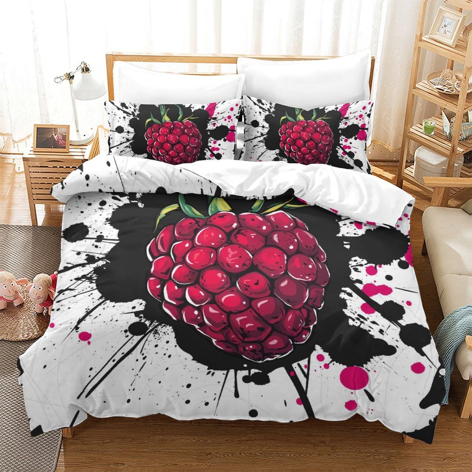 Housse de couette avec fermeture éclair motif fraise pour literie ado anti-glisse