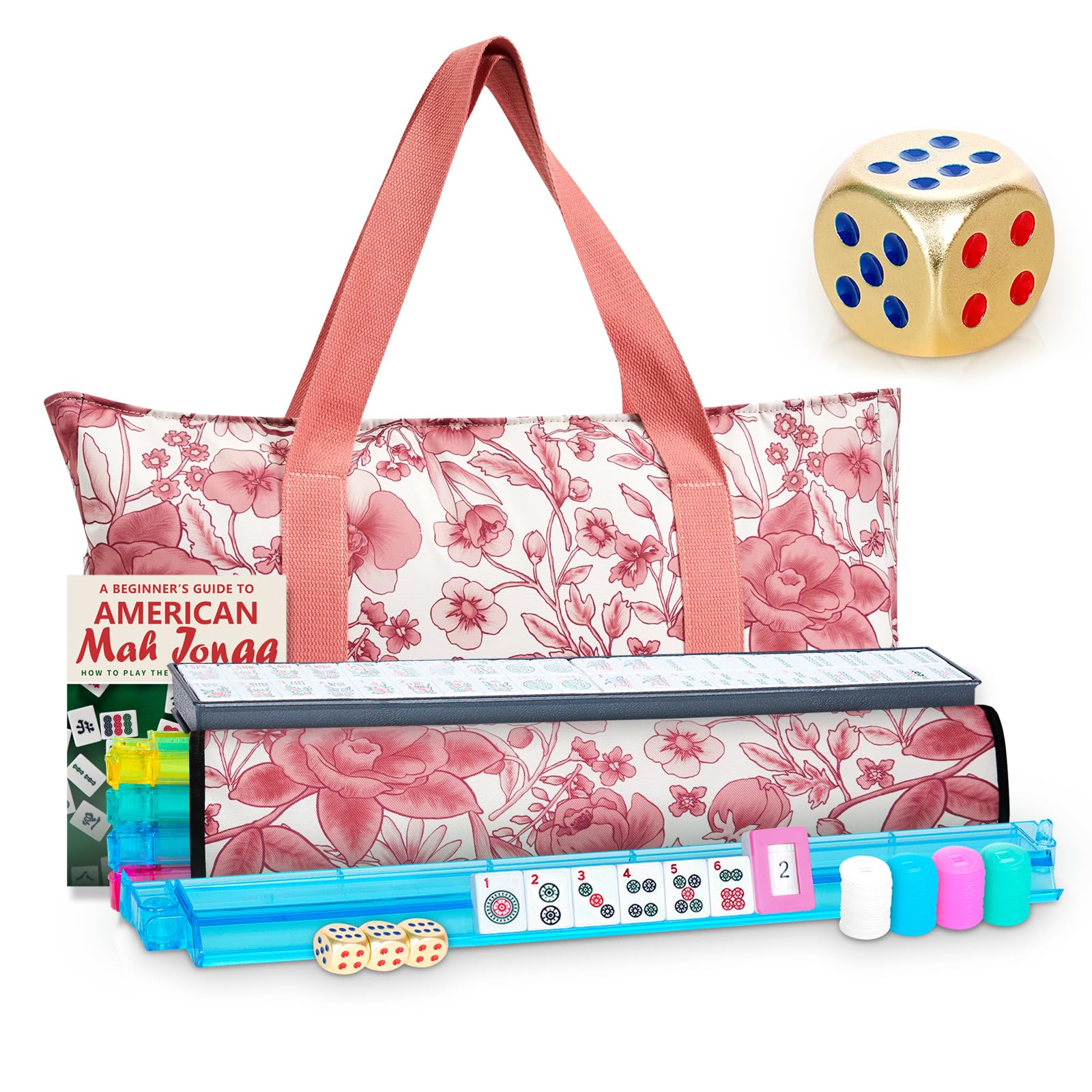 american mahjong tile set, mah jong set complete with pink flower bag, 166 white tiles with golden dices for travel, 4 all-in-one mahjong racks with pushers (pink)