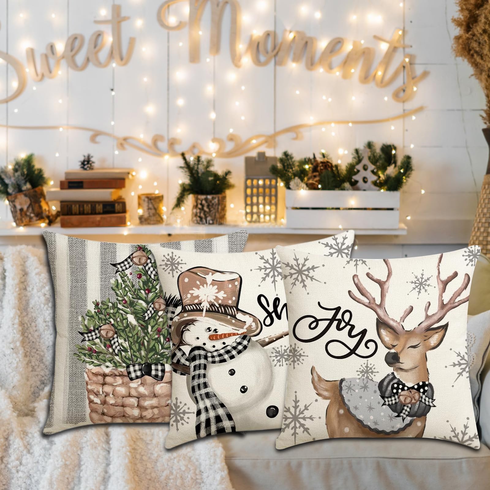 Cuscini Natalizi Per Divano - 4 Federe 50x50cm In Lino, Motivi Festivi, Decorazioni Casa Natale - Foto 8