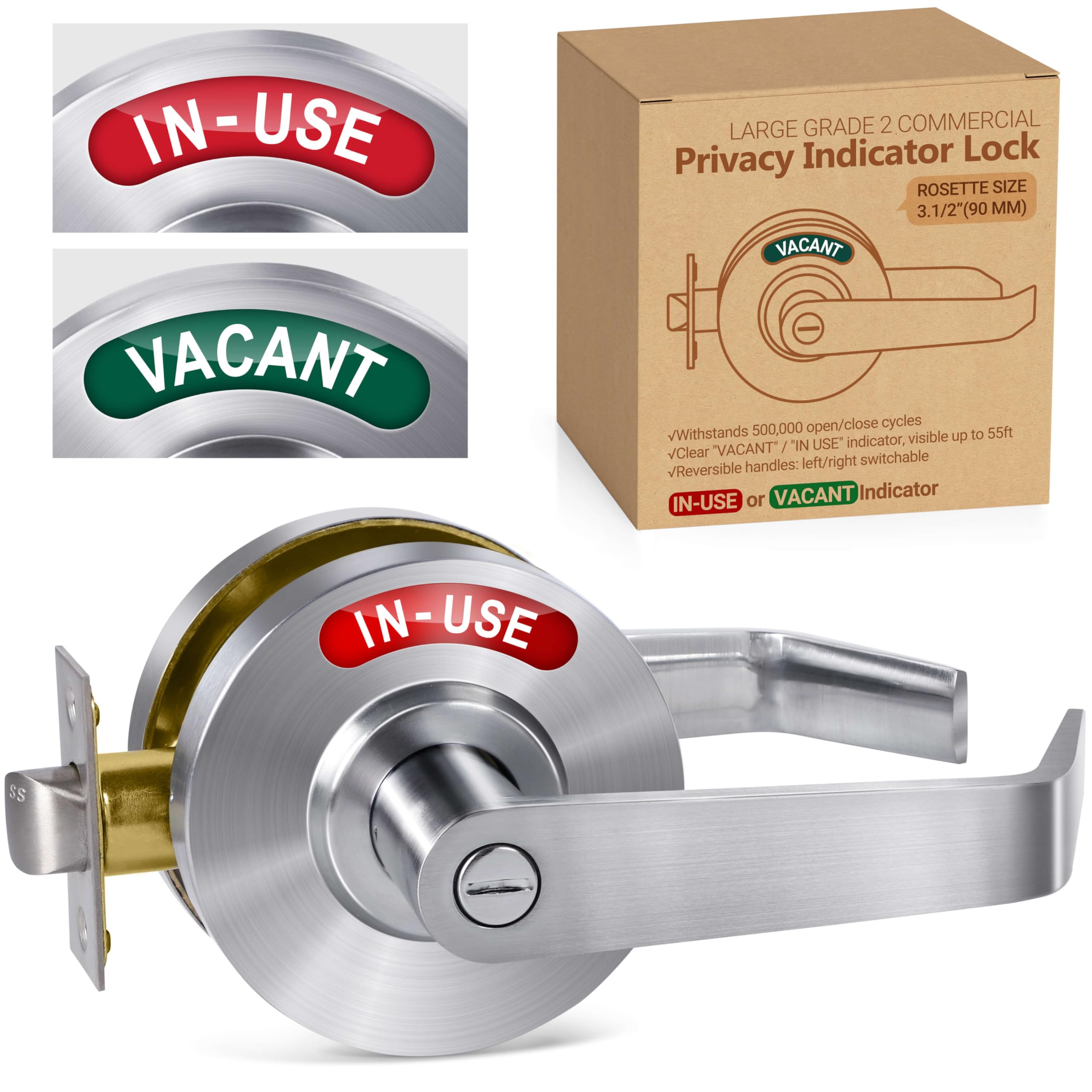 Commercial Grade Bathroom Door Lock-Privacy Indicator Lock Vacant or in-Use, Occupied Door Handle Left Right Reversible Bathroom Lever Lock Perfect for Office, Restaurant, Hospitals (Satin Chrome)