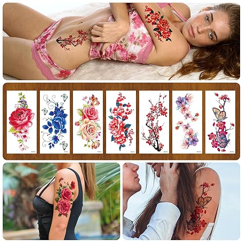Miniatura 7 de Tatuajes temporales florales de 21 hojas, diseños brillantes de peonías y rosas en 3D, arte corporal impermeable para mujeres y niñas, calcomanías
