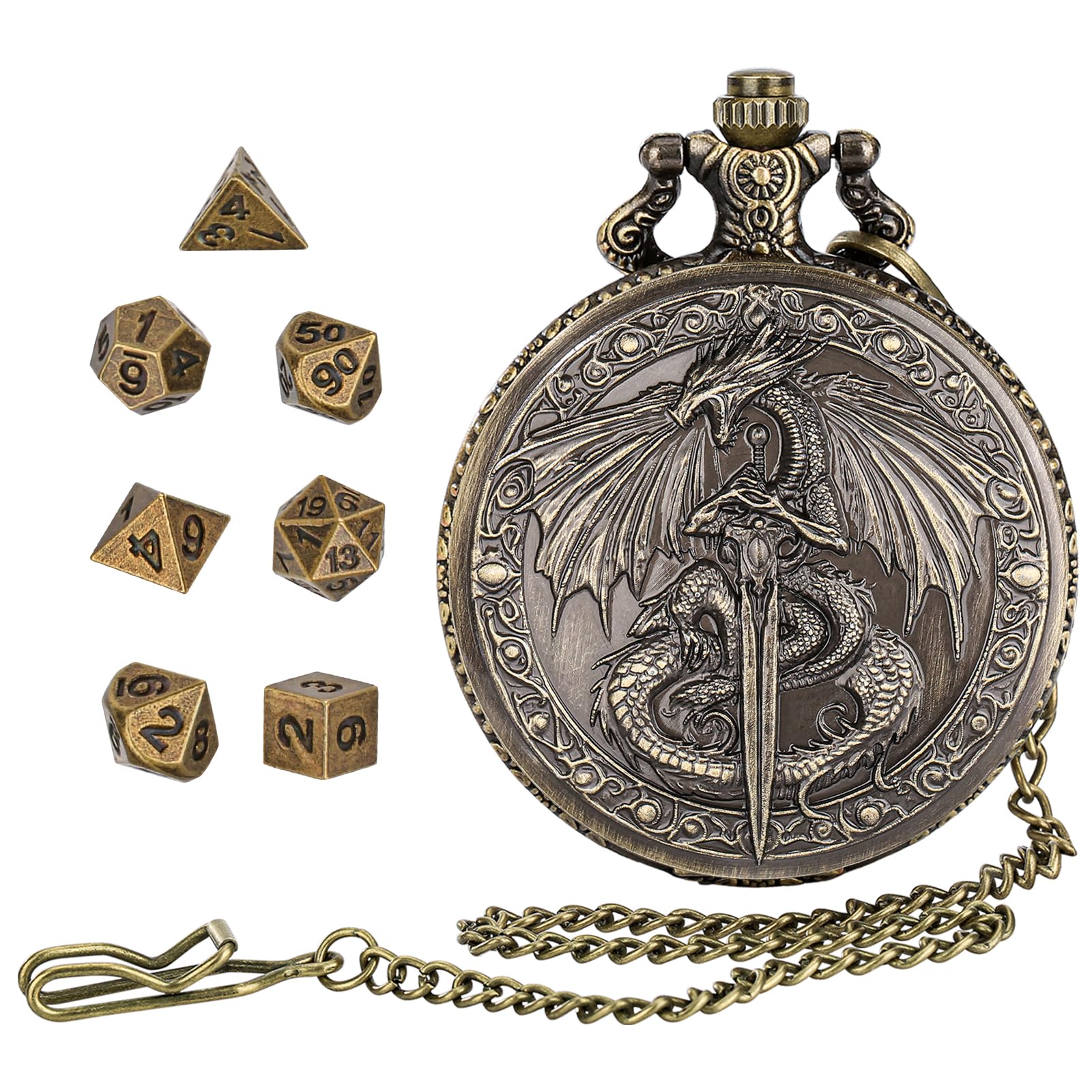DragonSword DND Dice Set with Pocket Watch Case, Portable Metal Dice Set Compatible with Dungeons and Dragons, 7PCS Mini Dice, RPG Role Playing Board Games Accessories (Gold) — image 1