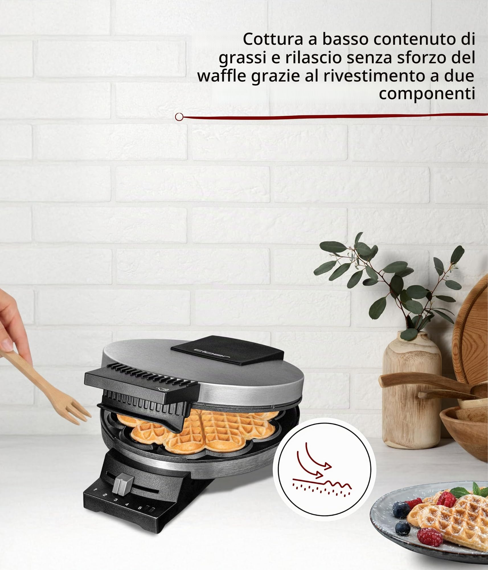 Cloer 189 Piastra per Waffle, 930 W, doppio rivestimento antiaderente, dimensione di cialda 16 cm, piastre di cottura pesanti, segnale acustico e spia di cottura, acciaio inossidabile