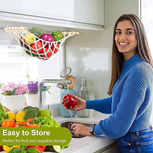 Miniatura 3 de ANPTGHT Hamaca de frutas colgante de macramé, cesta de frutas, hamaca para debajo del gabinete, almacenamiento de frutas, estilo bohemio, cocina,