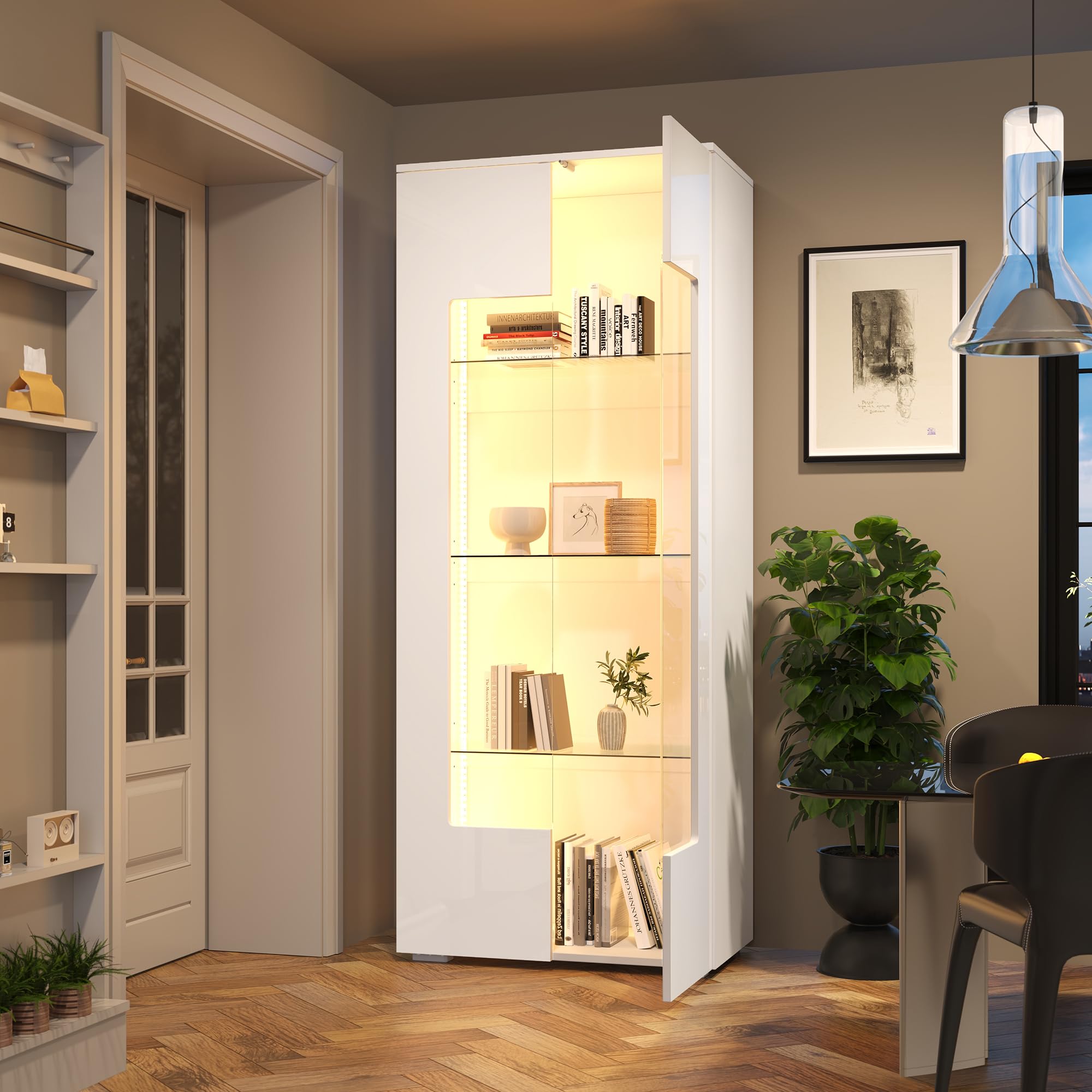 Vitrina blanca brillante para salón, 70 x 40 x 173 cm, con LED y 2 puertas acrílicas
