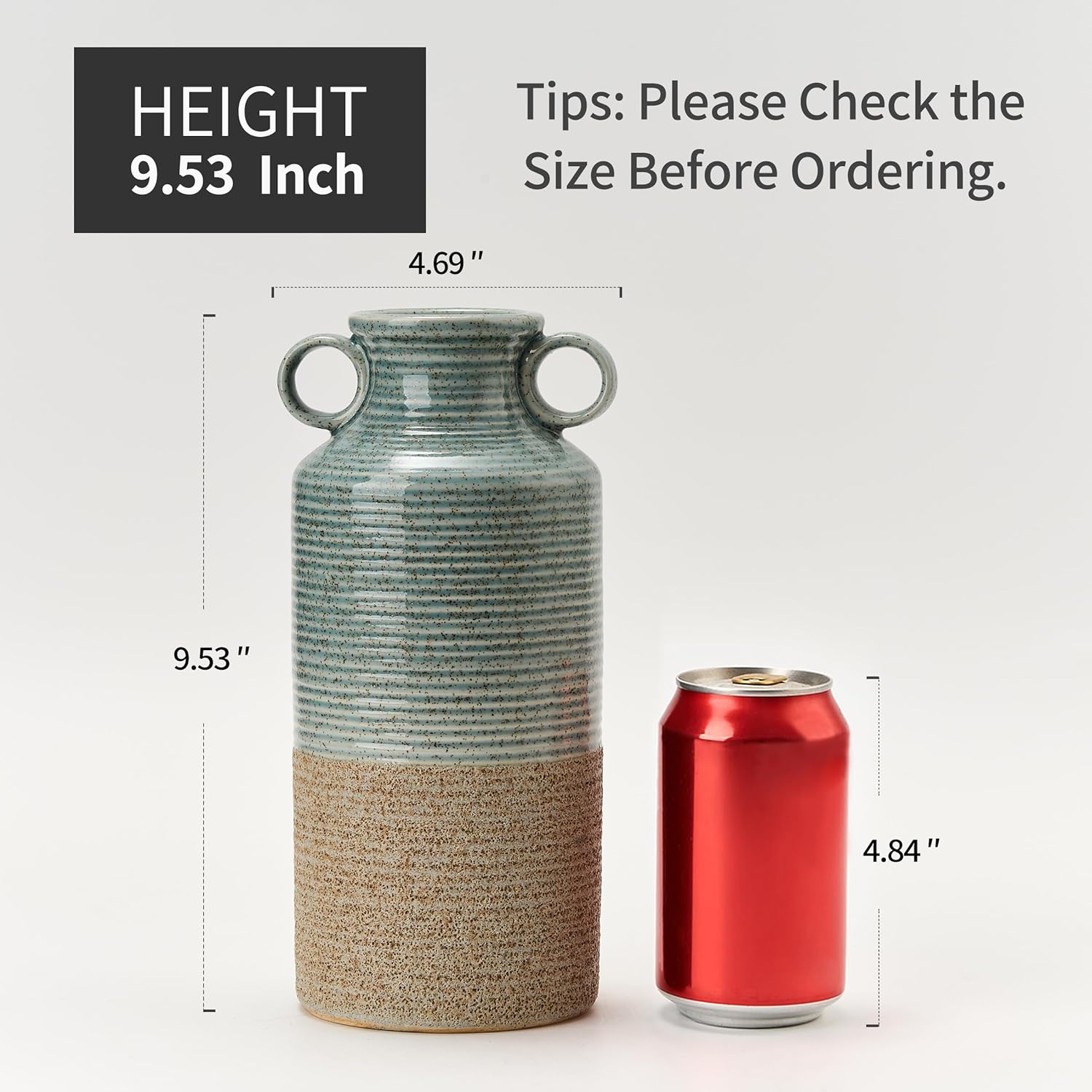 Blue and Brown Ceramic Rustic Vase with 2 Round Handles, Modern Farmhouse Flower Vase, Vintage Terracotta Vases for Home Decor, Wedding, Living Room, Table, Shelf Decor - 9.5 Inch Tall - Image 3