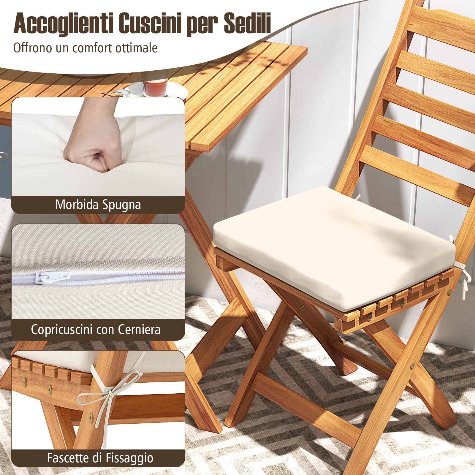 COSTWAY Bistro Set Esterno Legno Acacia Tavolo 2 Sedie Pieghevoli con Cuscini