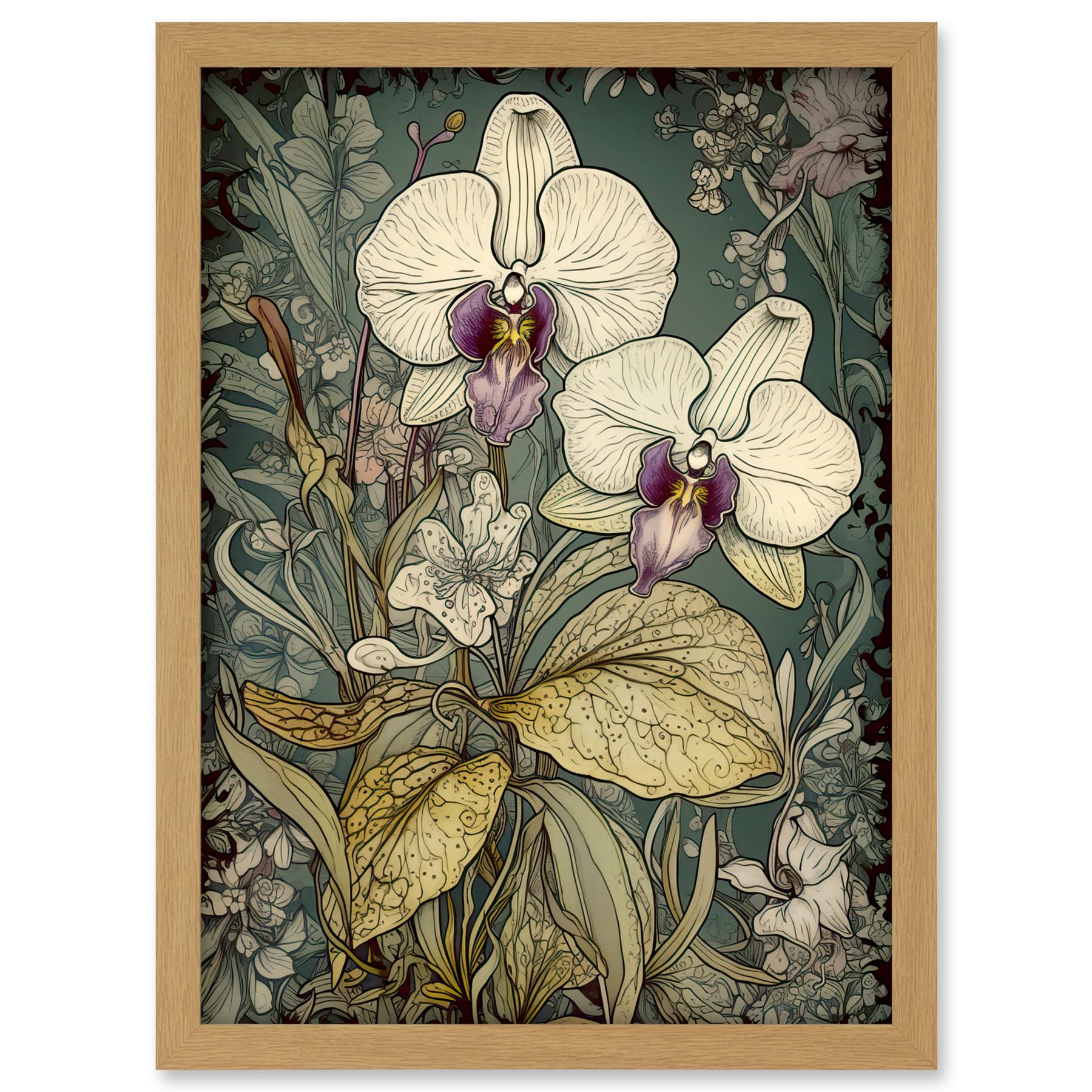 Artery8 William Morris Style White and Purple Orchid Artwork Framed A3 Wall Art Print