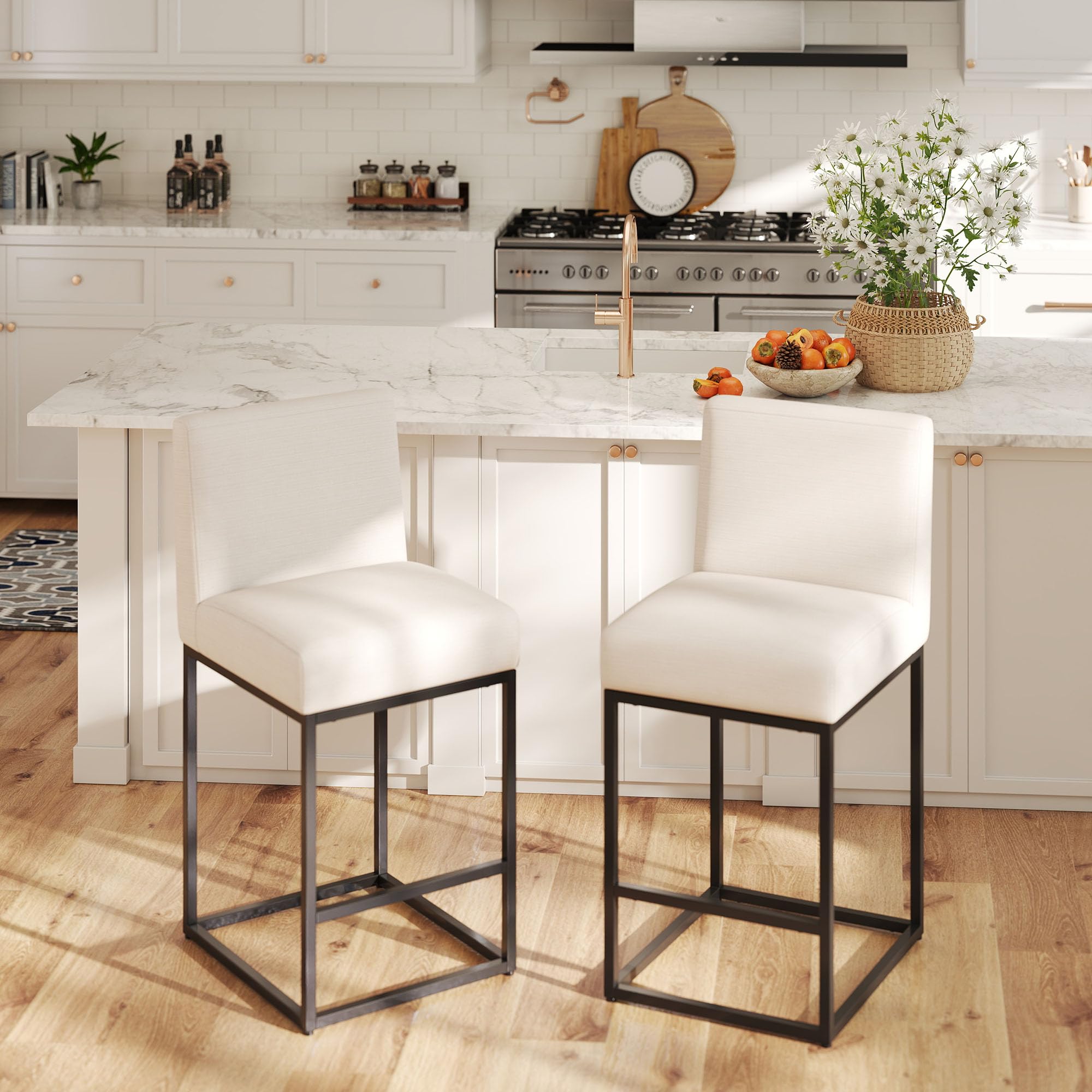 Modern Counter Height Bar Stools Set of 2, Linen Upholstered Kitchen Island Stools with Backrest, 27 Inch Bar Stools with Black Metal Frame, Cream