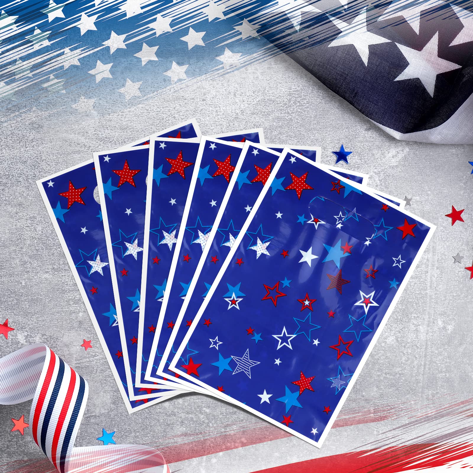 MASHAN 50 Pieces 4th of July Goodie Bags Bulk, Patriotic Gift Bags,Plastic Treat Gift Handles Bag with Red White Blue Star for Independence Day Memorial Day Veterans Day Decorations Party Supplies
