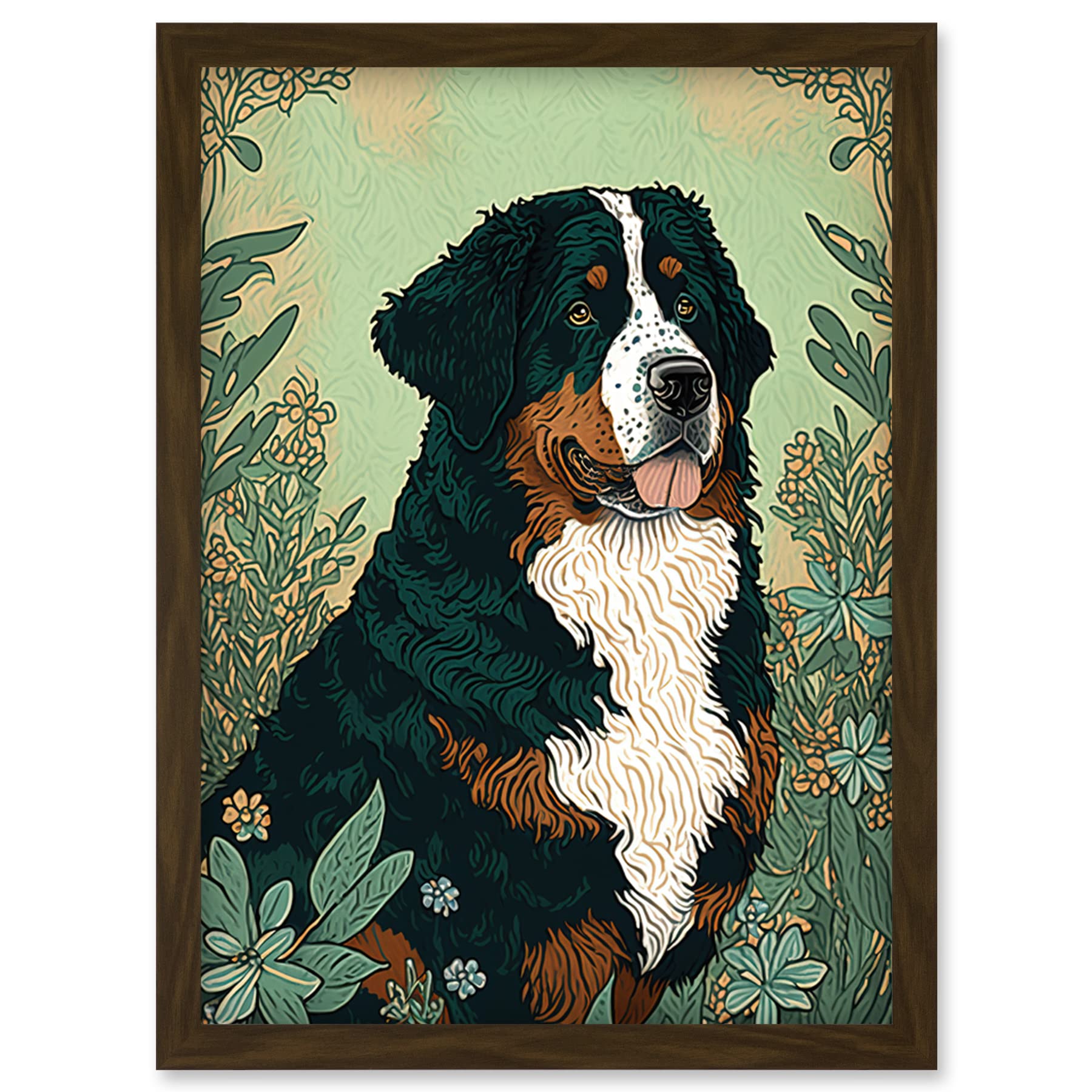 Artery8 Bernese Mountain Dog in Wildflower Field Modern Illustration Artwork Framed Wall Art Print A4