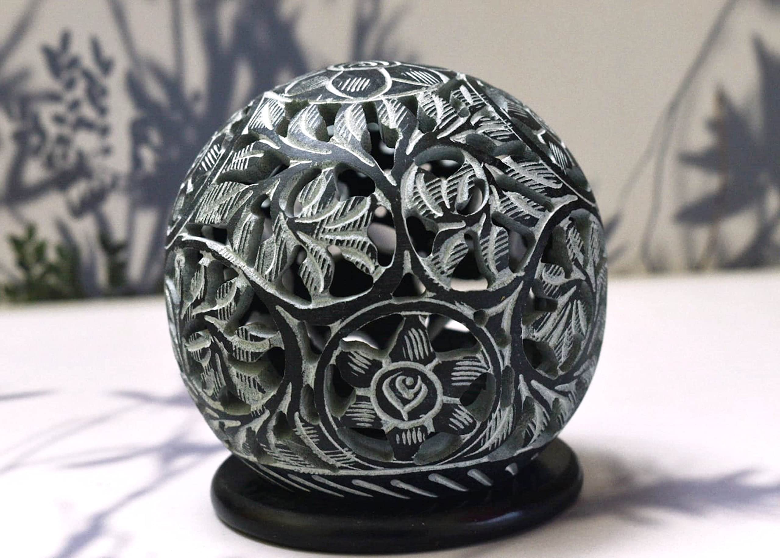 Portacandele Tealight In Pietra Ollare - Fatto A Mano, Design Fiore E Viticcio, 8.9 Cm - Foto 11