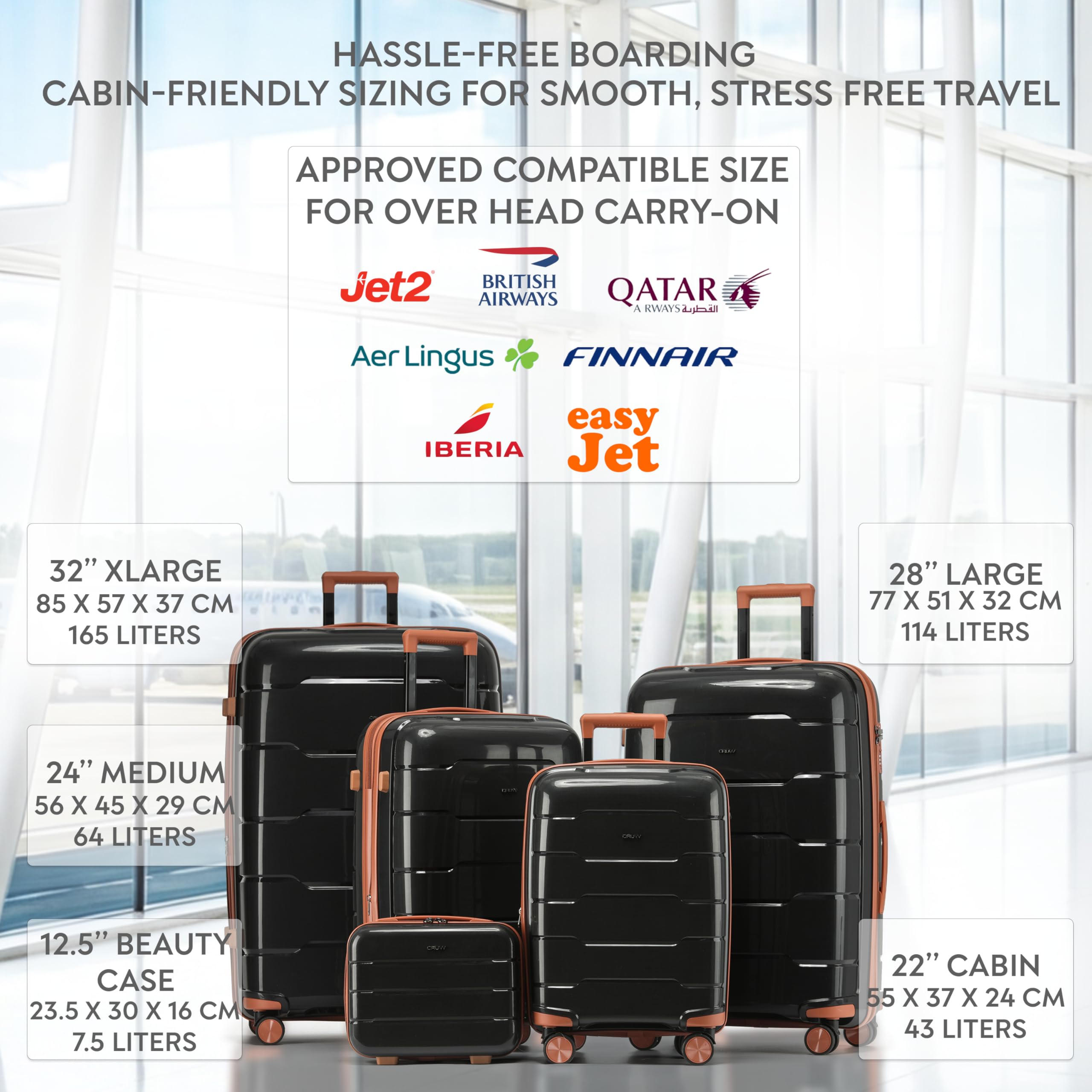 CRUW 2-Piece Luggage Set Expandable Polypropylene Suitcase Set TSA Locks 8 Silent Spinner Wheels Lightweight Nested Suitcases Travel Set easyJet BA Jet2 Airline-Approved Carry-On & XL Check in