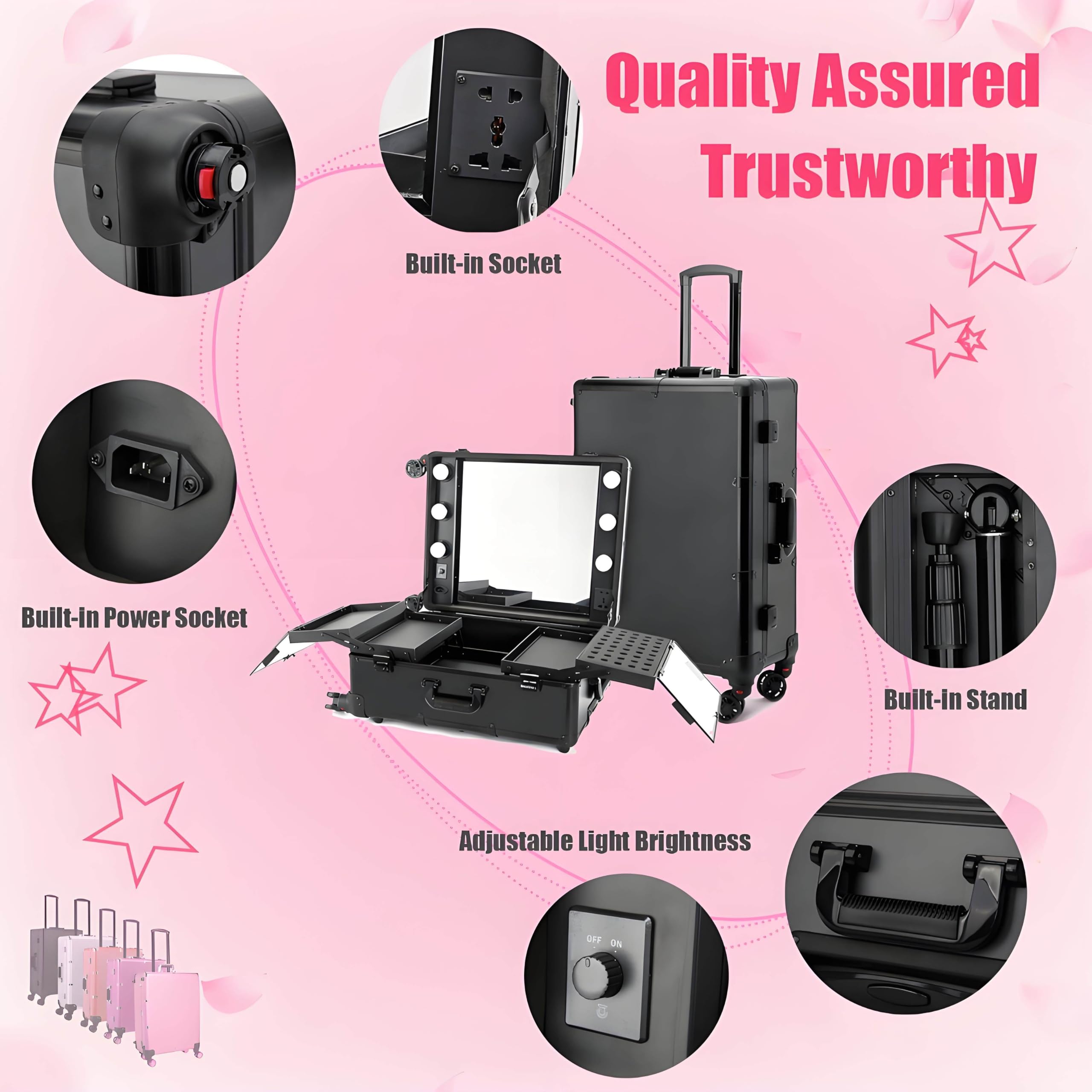 Tavolo da Trucco Professionale con Ruote, Portatile, Pieghevole, Supporto Nascosto e Ruote, Valigetta per Il Trucco Multifunzionale, Adatta a Truccatori Ed Estetiste, con Luce LED Pink