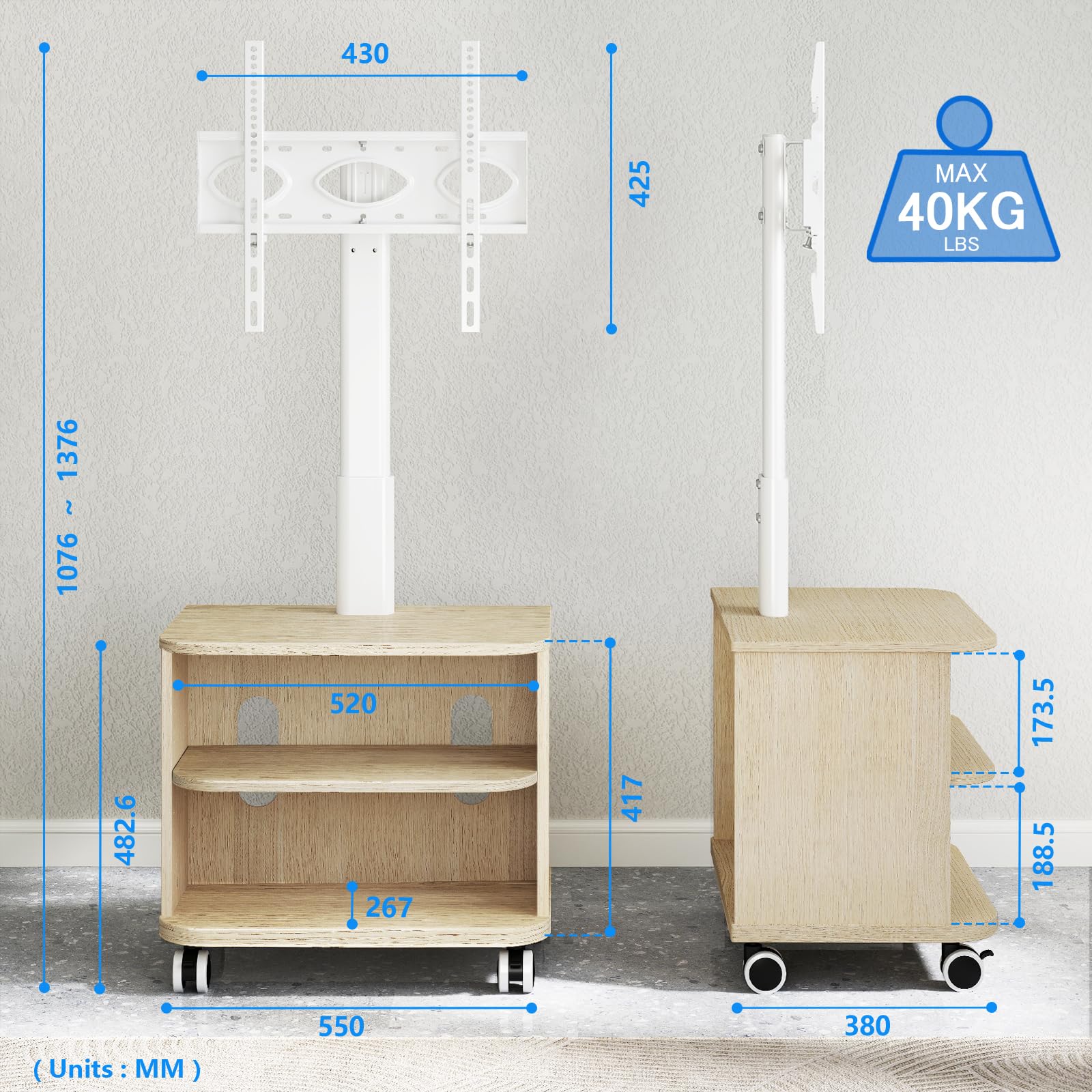 5Rcom Biały stojak na telewizor na kółkach do telewizorów 81.3-165.1 cm LED LCD OLED, płaskie, zakrzywione, szafka pod telewizor z regulacją wysokości z uchwytem do 40 kg, mobilny stojak na telewizor