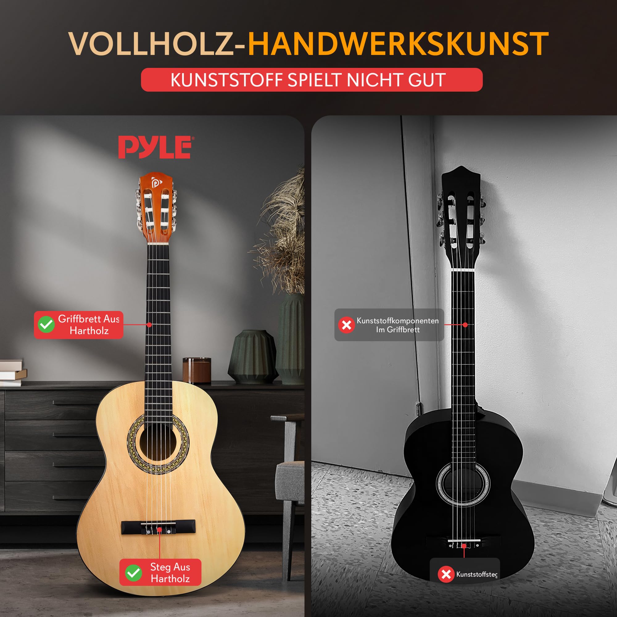Pyle Konzertgitarre, ¾ Gitarre für Anfänger- 91cm aus Holz, Inkl. Stimmgerät, Gigbag, Gurt, Plektren & Extra Saiten, Kindergitarre für Einsteiger