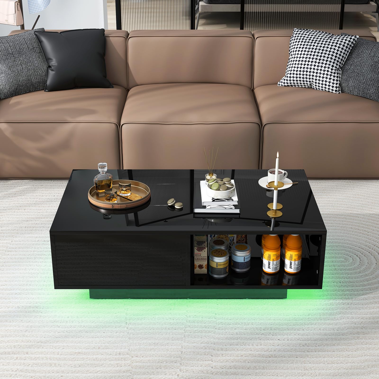 COSTWAY Tavolino da Salotto in Legno, Tavolino Moderno e Rettangolare con 20 Colori di Luci a LED, Telecomando, Cassetto e Ripiano Aperto, Tavolino per Studio e Ufficio (Nero)