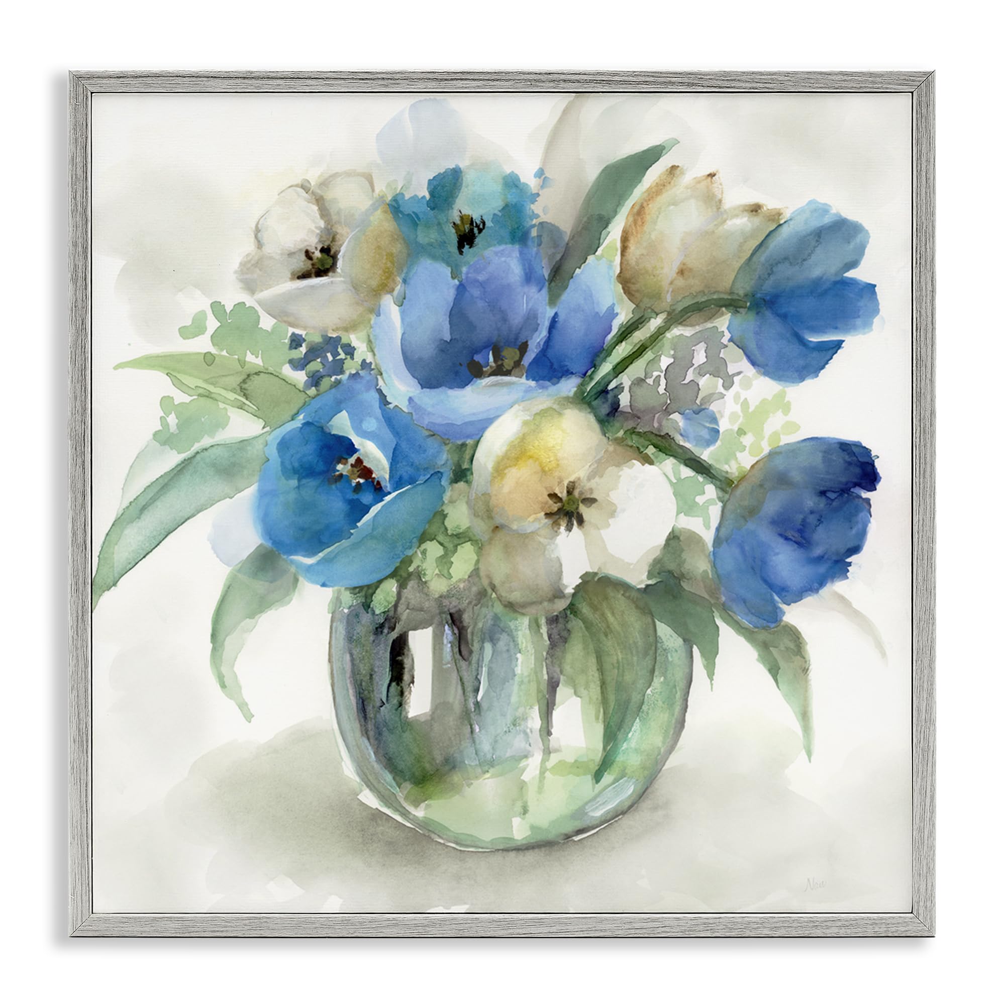 Stupell Industries Farmhouse Gray (Textured) 'Blue Tulip Watercolor Bouquet'| Framed Giclee Art