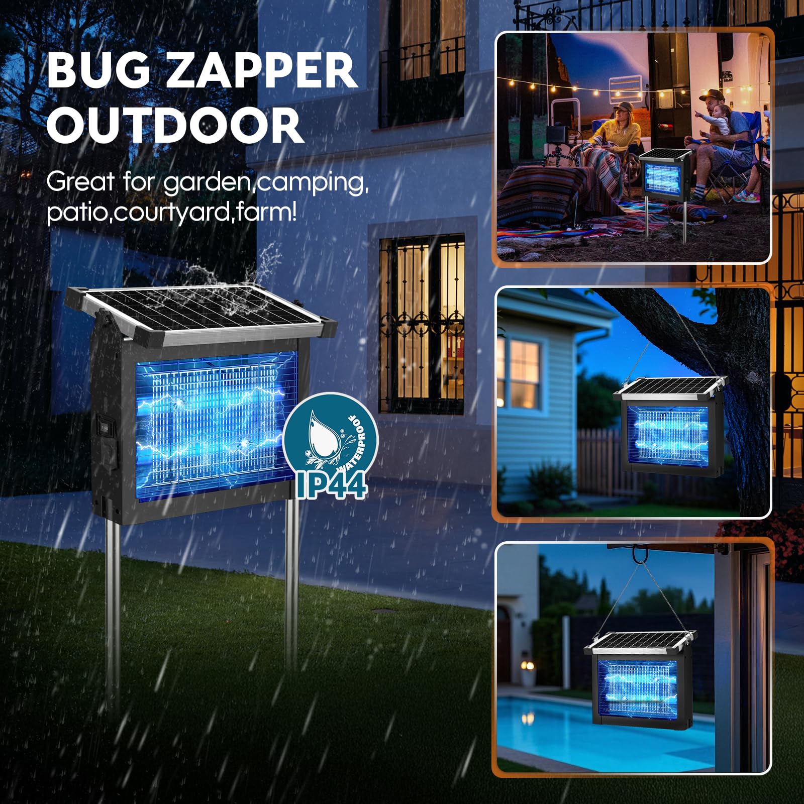 Anysun Lampada Antizanzare Elettrica Solare, Zanzariera Elettrica da Esterno 4500V, Ricarica Solare e USB, IPX5, Cavo da 3 m, Sensore Crepuscolare, per Terrazza Giardino Balcone Camping