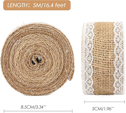 Miniatura 3 de jijAcraft Rollo de cinta de arpillera de yute natural, 2 pulgadas x 5.5 yardas, cinta de arpillera de encaje blanco rústico para manualidades,