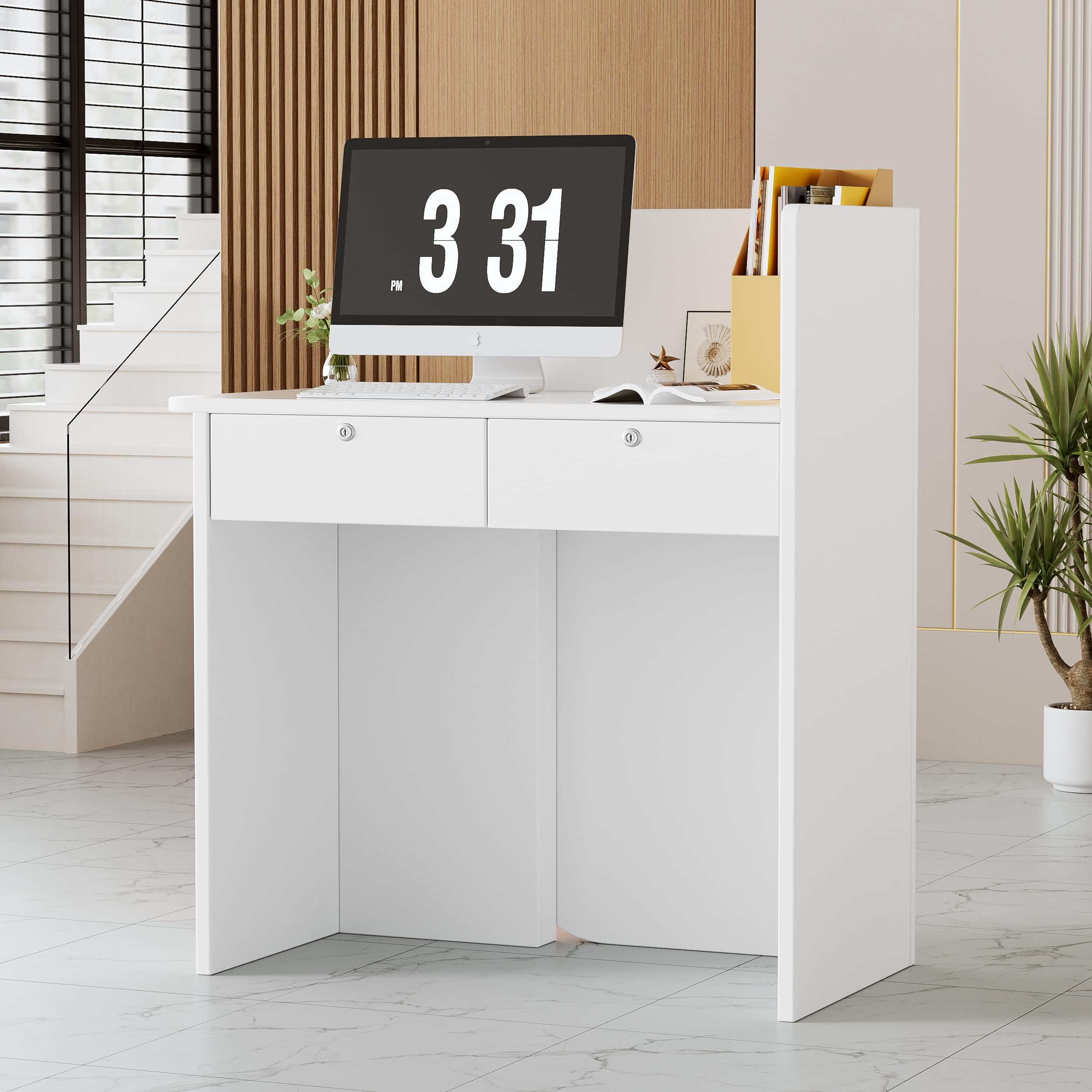 MSFE Mostrador de Recepción con iluminación LED Compacto Escritorio de Recepción Pequeño Mueble de recepción con Cajón con Cerradura Mostrador de Venta Moderno Mostrador de Tienda Blanco 44x80x100CM