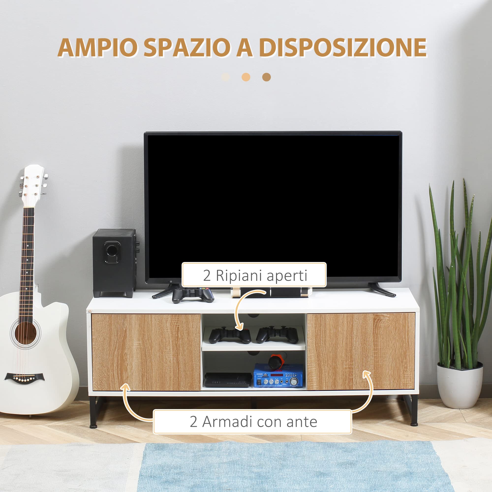 HOMCOM Mobile TV per Modelli fino a 50" max, Mobile TV Moderno in Truciolato e Acciaio con 2 Ripiani Aperti e 2 Armadietti Chiusi, 120x39.5x45 cm